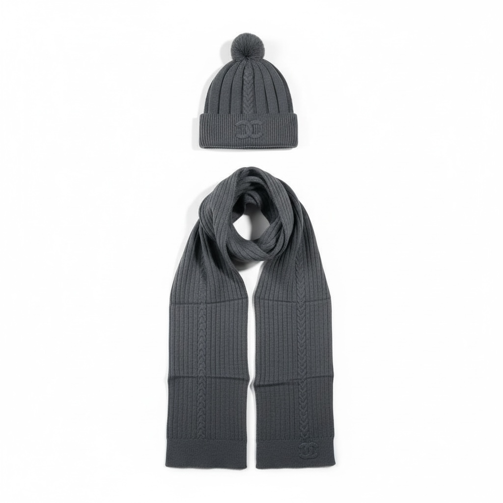 đź–¤ Chanel Knit Beanie & Scarf Set | Grey Wool Winter Collection