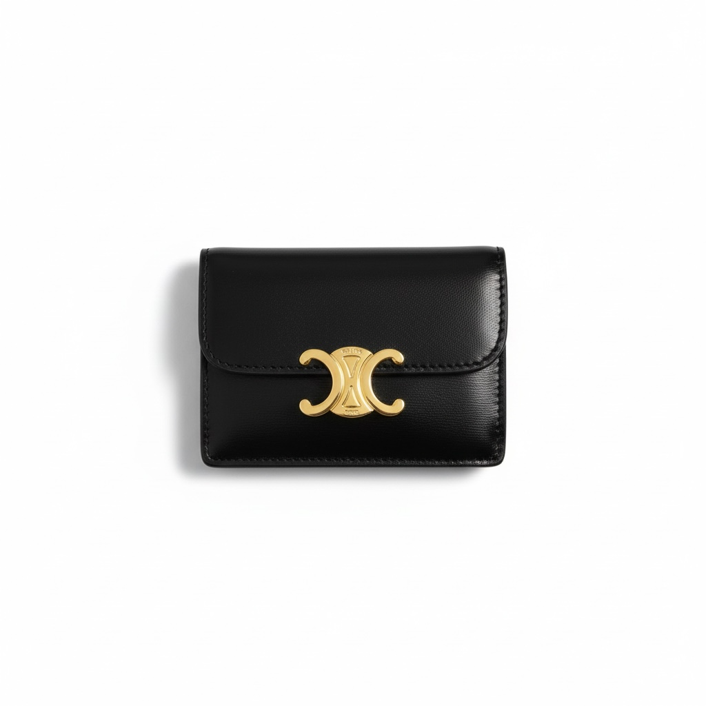 Celine Triomphe Black Leather Compact Wallet π€β¨