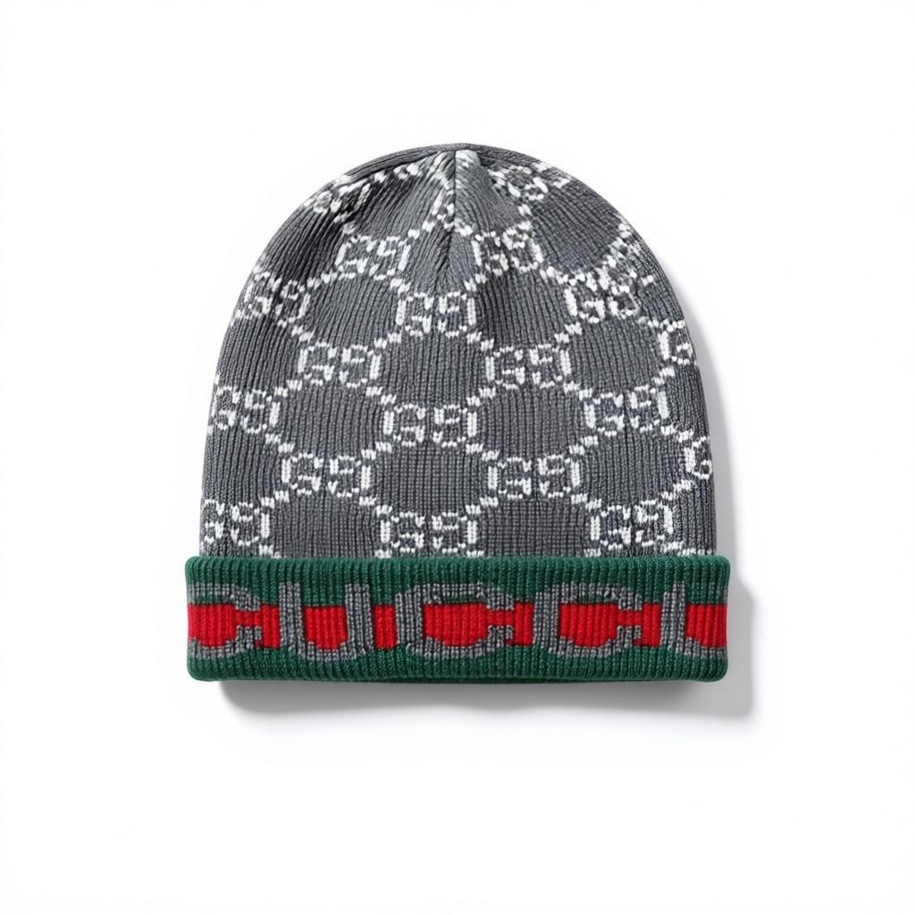 š©¶ Gucci Grey GG Knit Beanie with Green & Red Trim | Luxury Winter Hat