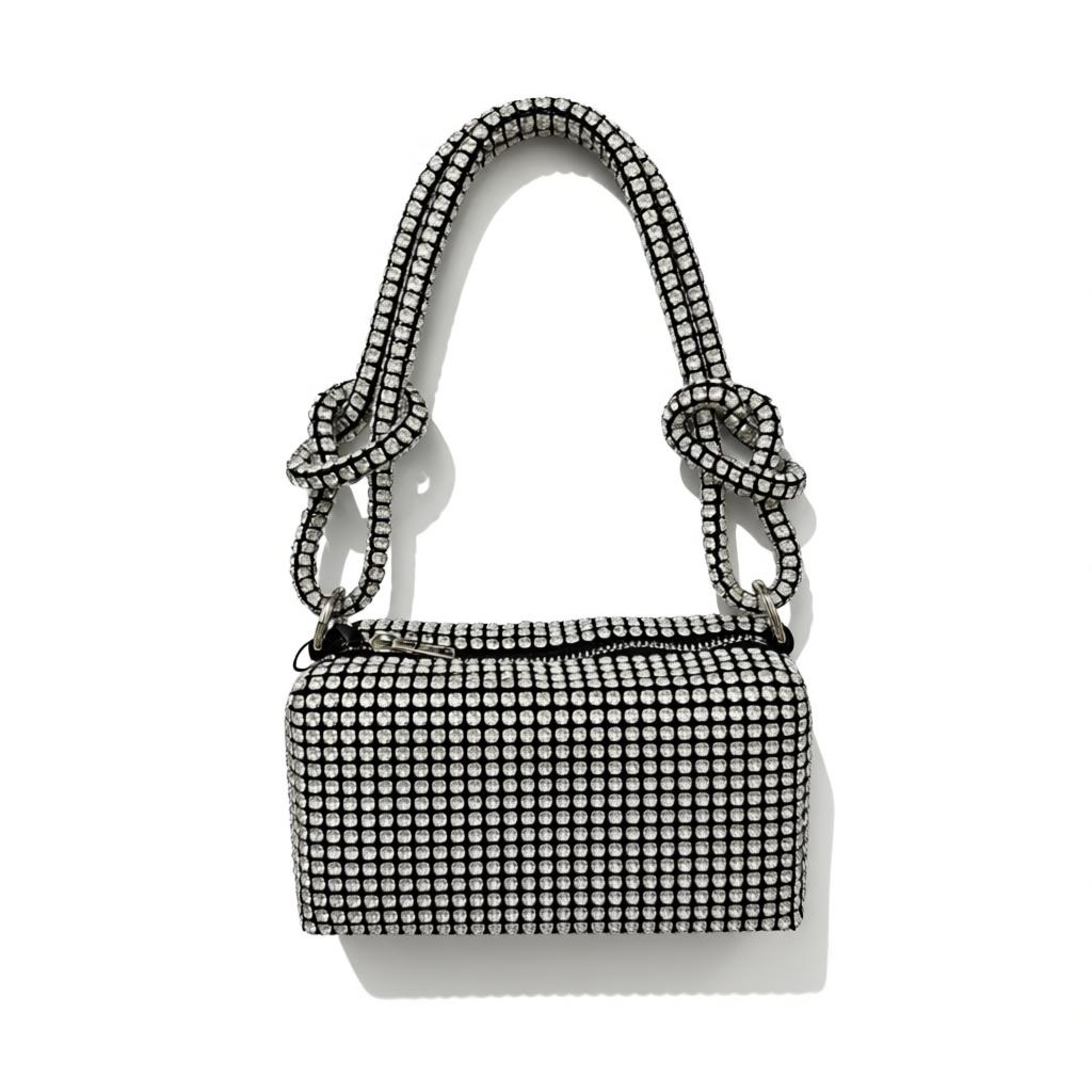 Silver Crystal Mini Shoulder Bag – Rhinestone Knot Handle Evening Bag soirée ✨🖤👜