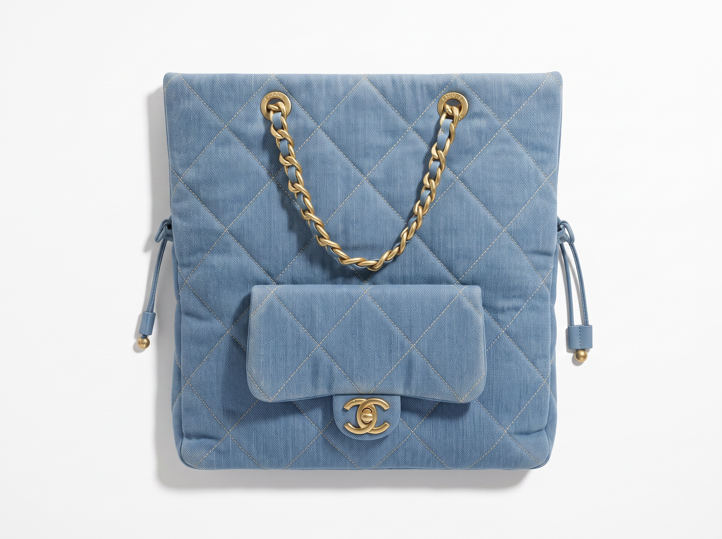 Chanel Quilted Denim Drawstring Tote Bag with Chain Strap 💙✨