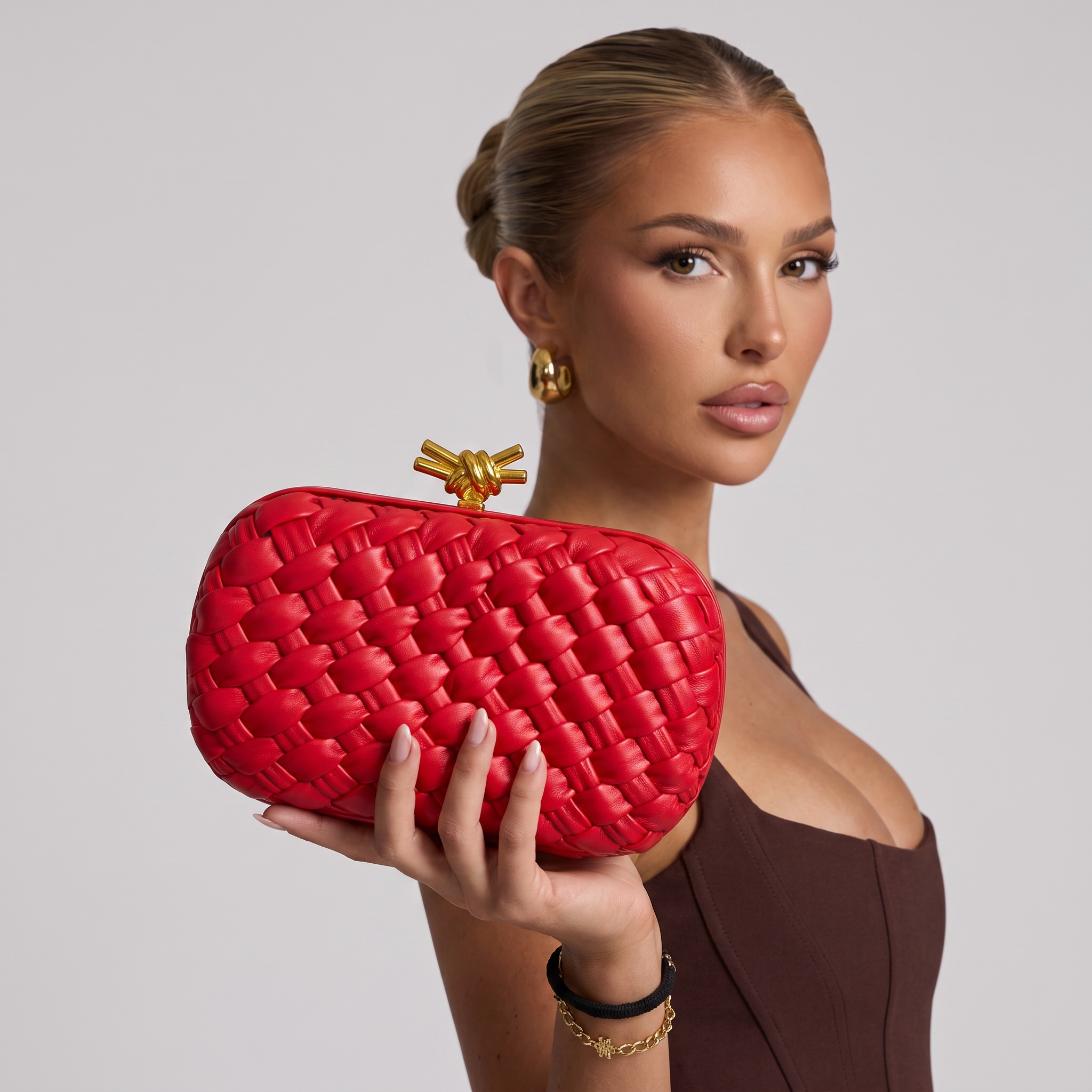 Bottega Veneta Intrecciato Knot Clutch β Bold Red β€οΈβ¨