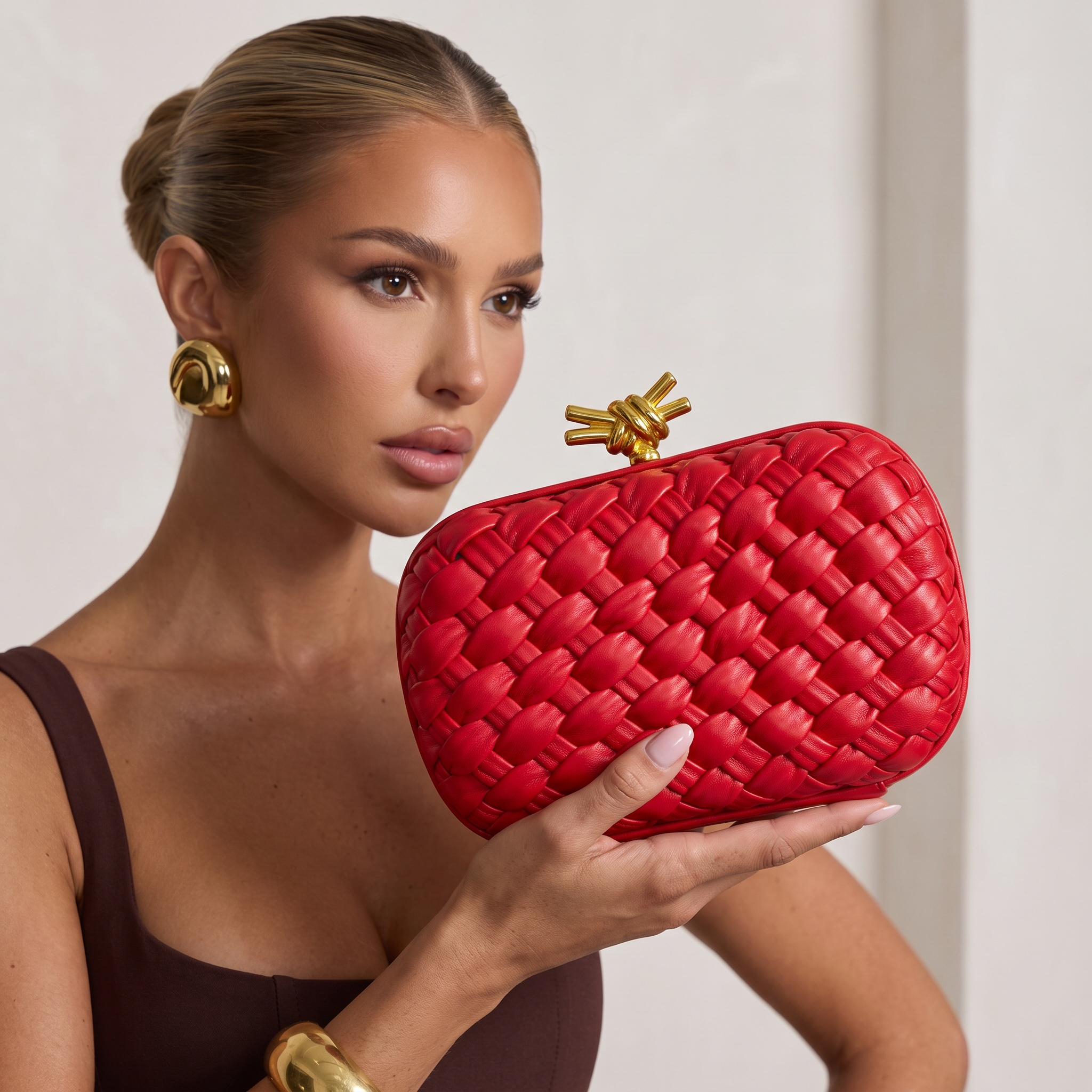 Bottega Veneta Intrecciato Knot Clutch β Bold Red β€οΈβ¨
