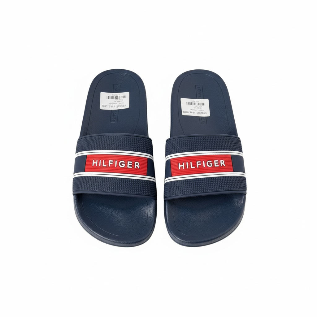 Tommy Hilfiger Navy Slides – Red Logo Strap, Classic Comfort