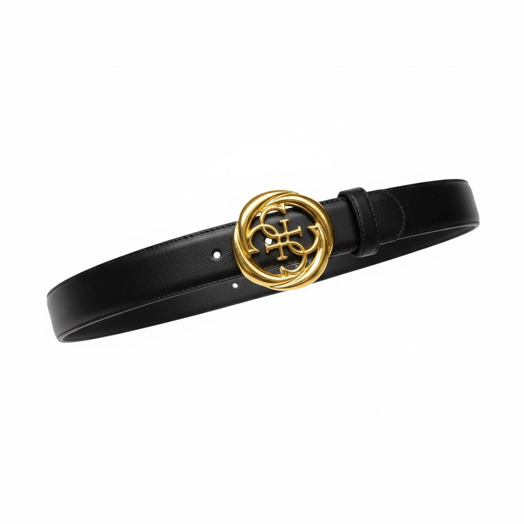 Guess Logo Leather Belt – Black with Gold Emblem 🖤✨