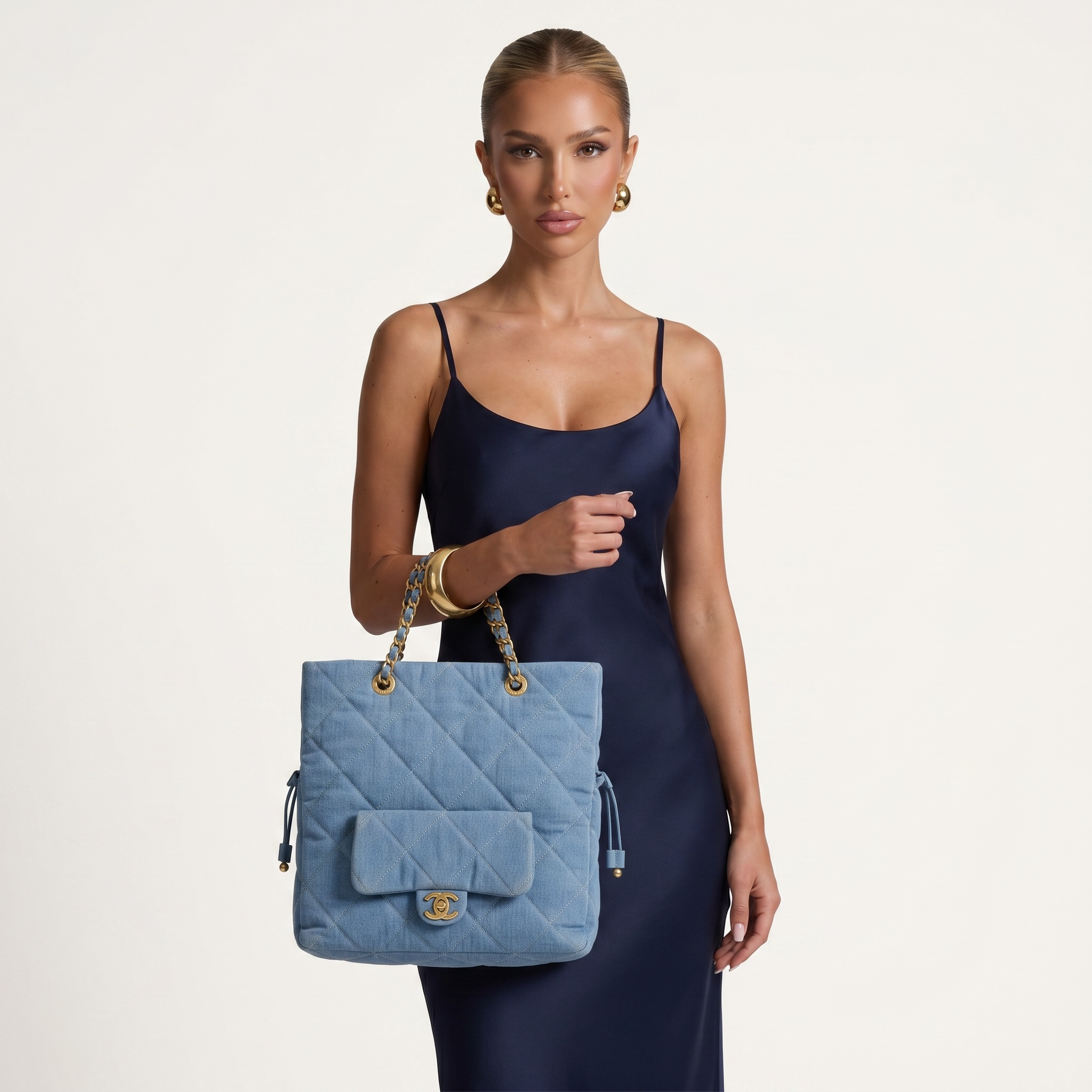 Chanel Quilted Denim Drawstring Tote Bag with Chain Strap 💙✨