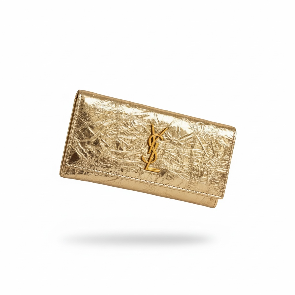 Saint Laurent Gold YSL Wallet β Crinkled Metallic Leather β¨π