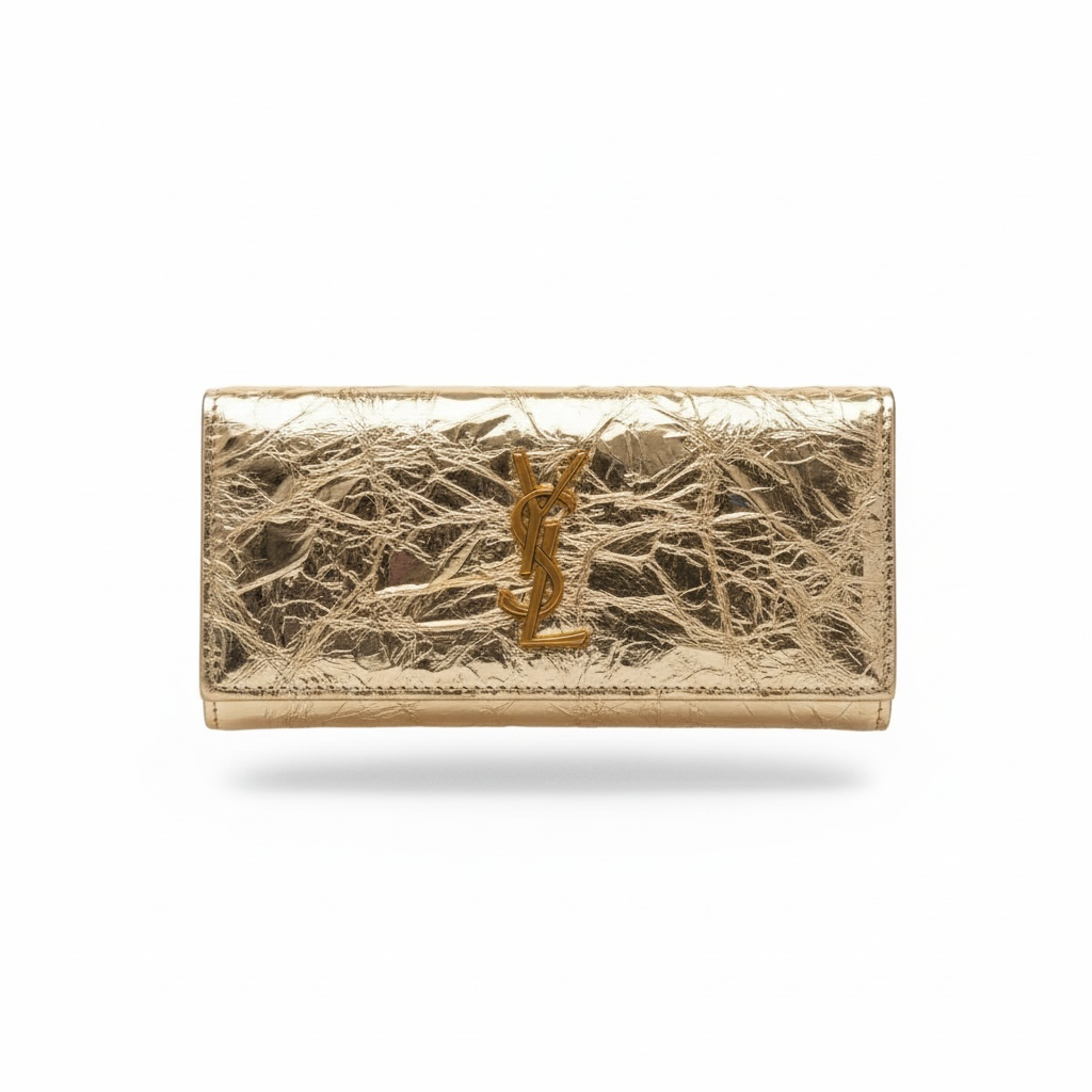 Saint Laurent Gold YSL Wallet β Crinkled Metallic Leather β¨π
