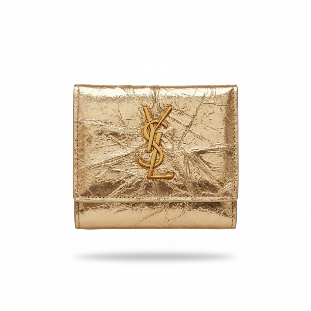 Yves Saint Laurent Gold Crinkled Leather Compact Wallet β¨π