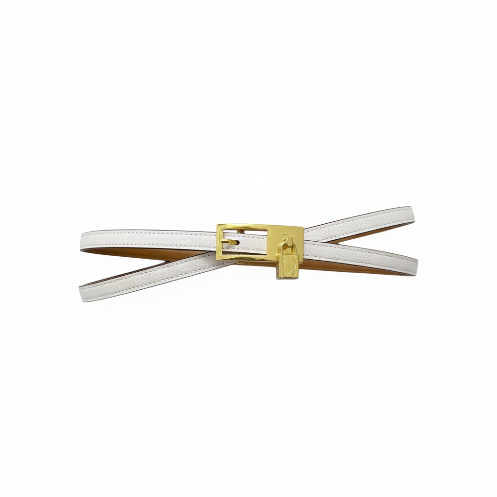 Hermès White Slim Leather Belt with Gold Padlock 🤍✨