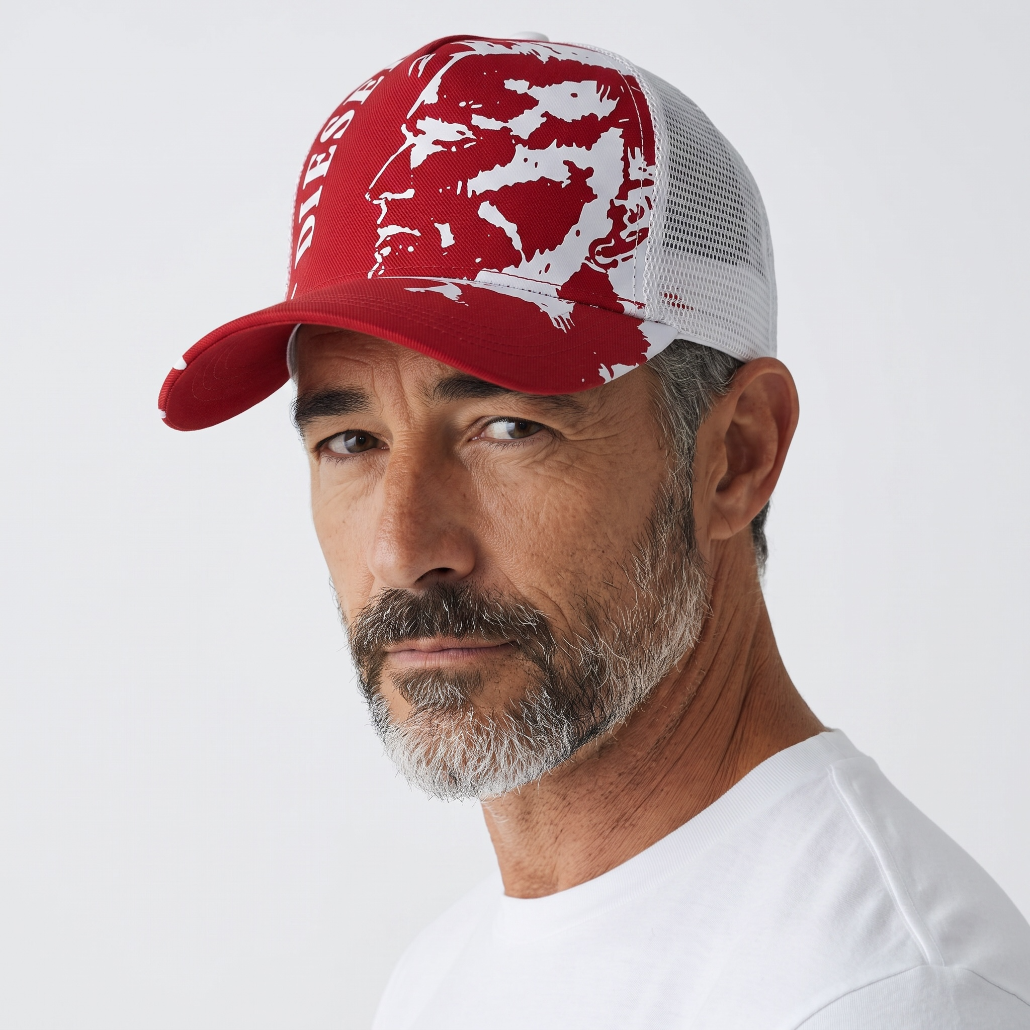 𧢠Diesel Red & White Trucker Cap â Iconic Mohawk Graphic | Unisex Streetwear Hat