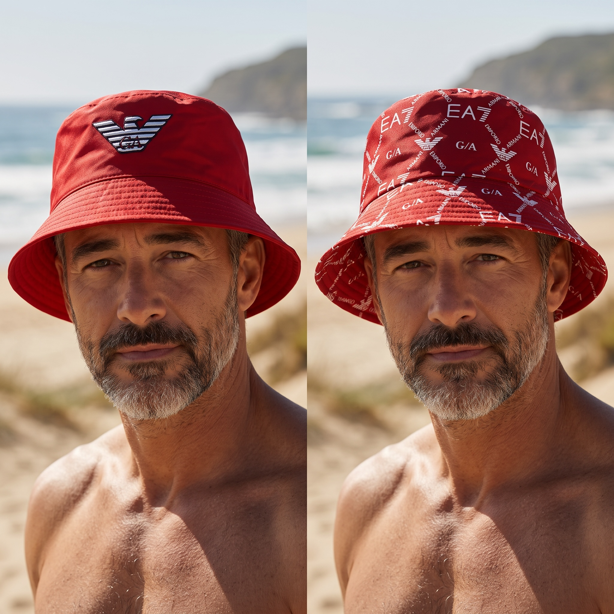 Emporio Armani Reversible Bucket Hat π΄ | Red Double-Face Logo Hat with Monogram & Eagle Embroider
