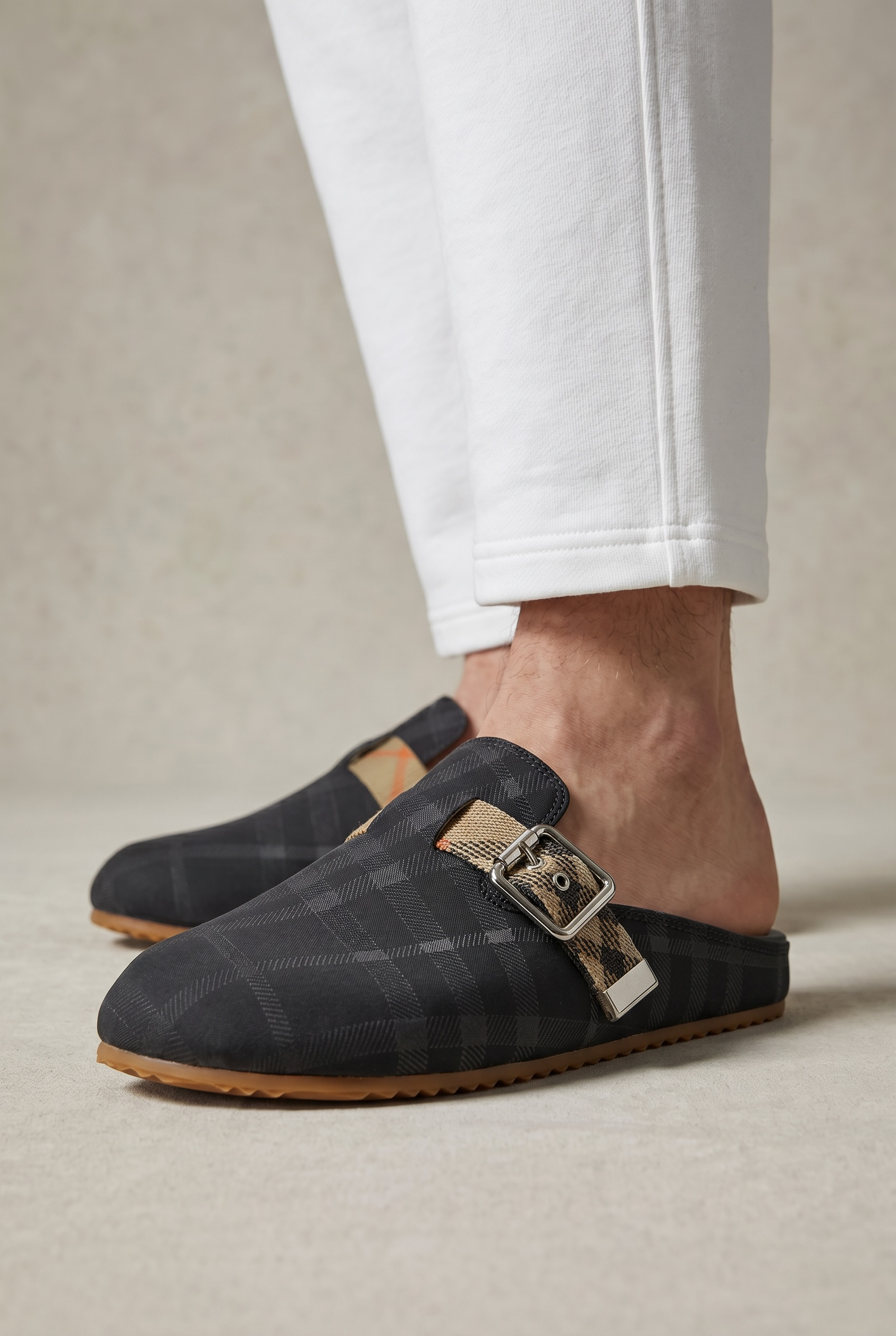Burberry Black Check Slip-On Clogs with Buckle β Luxury Minimal Slides π€β¨