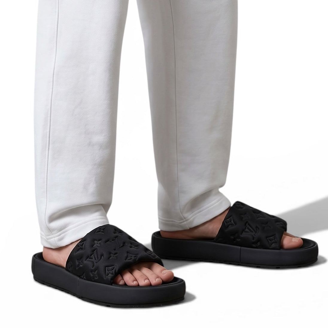 LOUIS VUITTON Luxury Black Monogram Slide Sandals – Embossed Design & Minimal Premium Style 👟