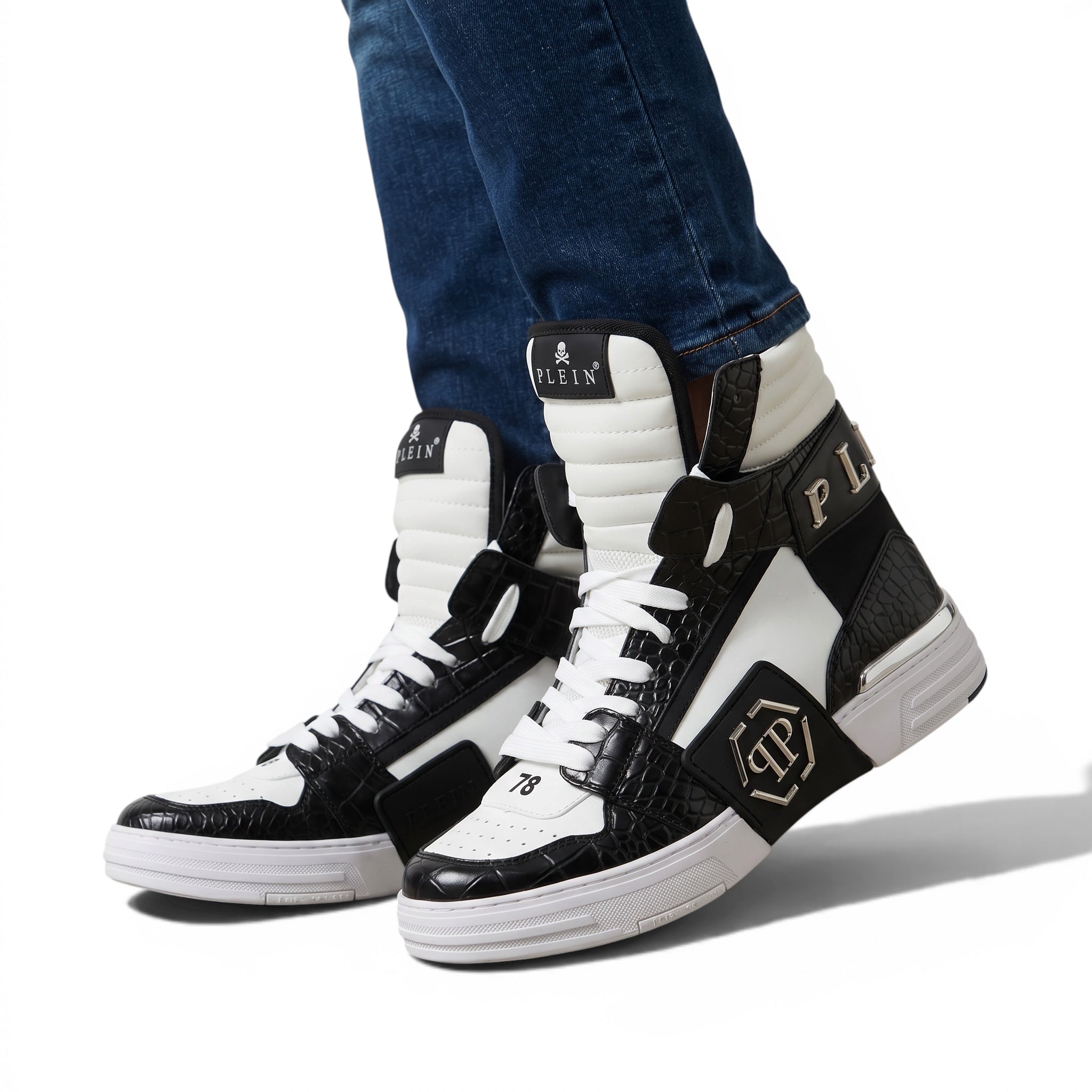 ⚫⚪ Philipp Plein “78” Croc-Embossed High-Top Sneakers – Monochrome Power 👟
