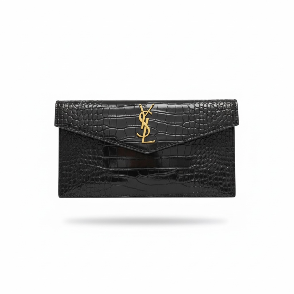 Saint Laurent YSL Croc Embossed Envelope Clutch – Black & Gold 🐊✨ | Luxury Evening Bag