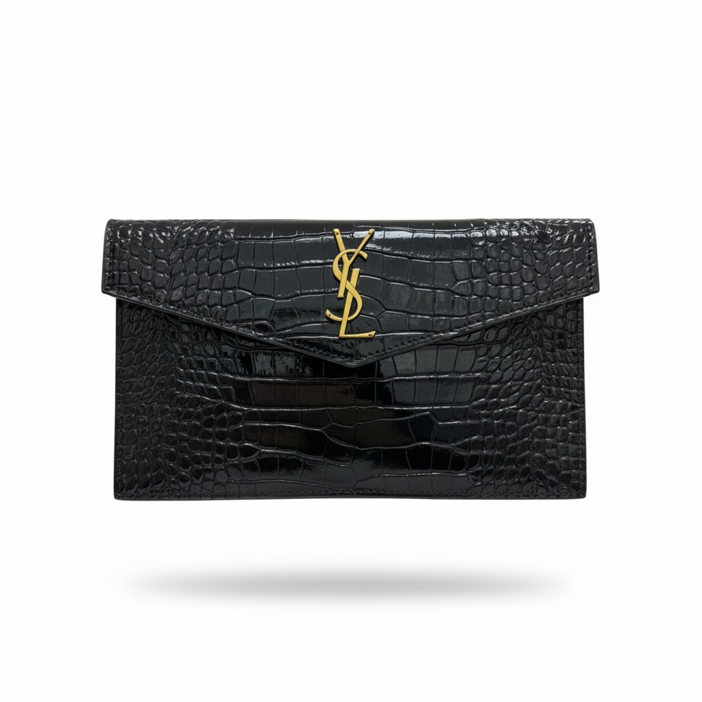 Saint Laurent YSL Croc Embossed Envelope Clutch – Black & Gold 🐊✨ | Luxury Evening Bag