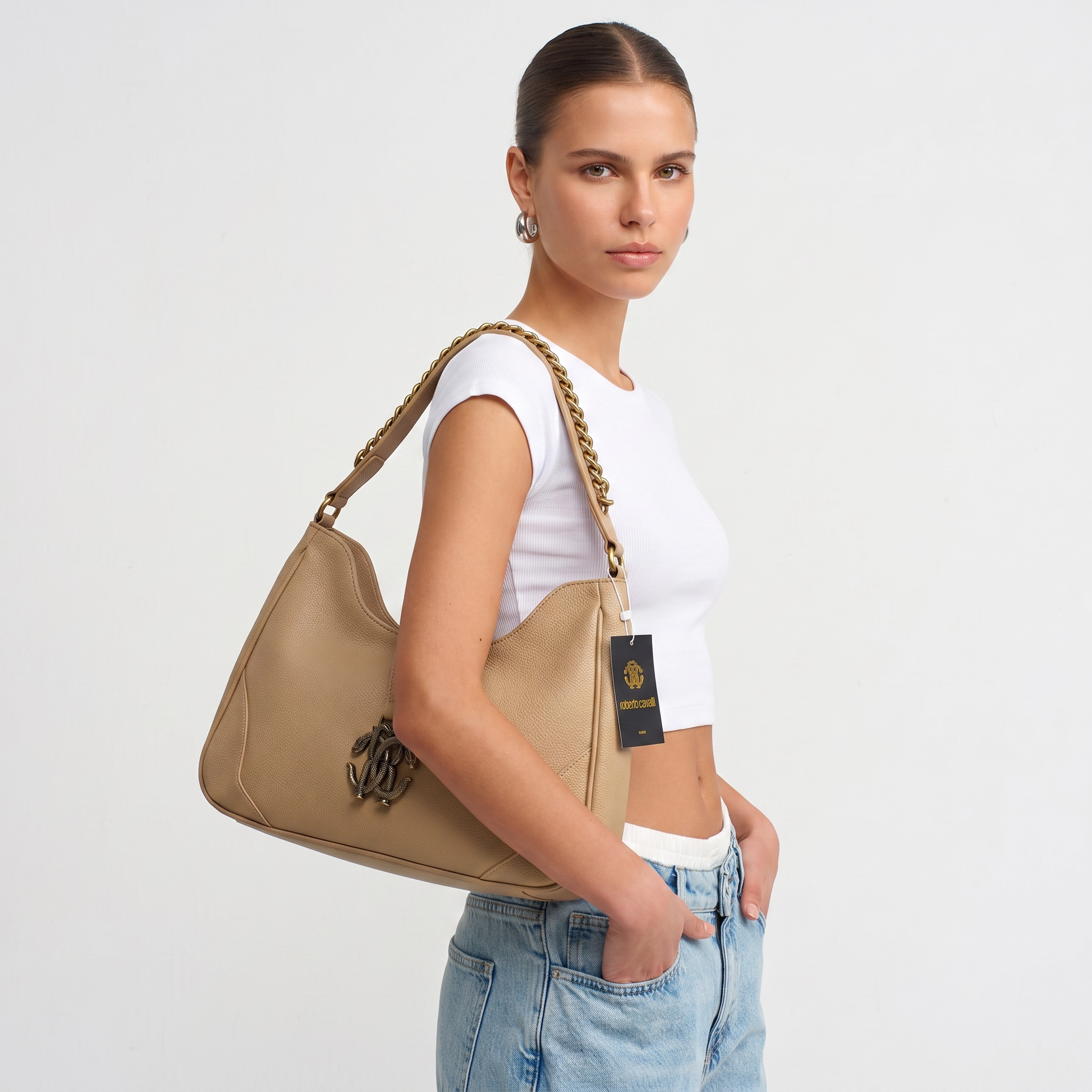 ROBERTO CAVALLI RC Monogram Shoulder Bag β Beige π€β¨ | Elegant Everyday Luxury