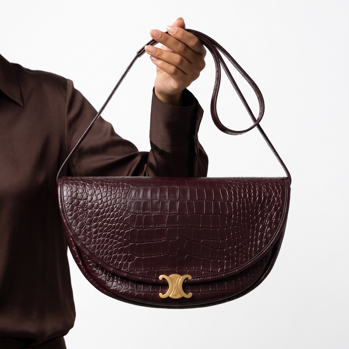 Celine Croc Triomphe Little Halfmoon Bag — Burgundy