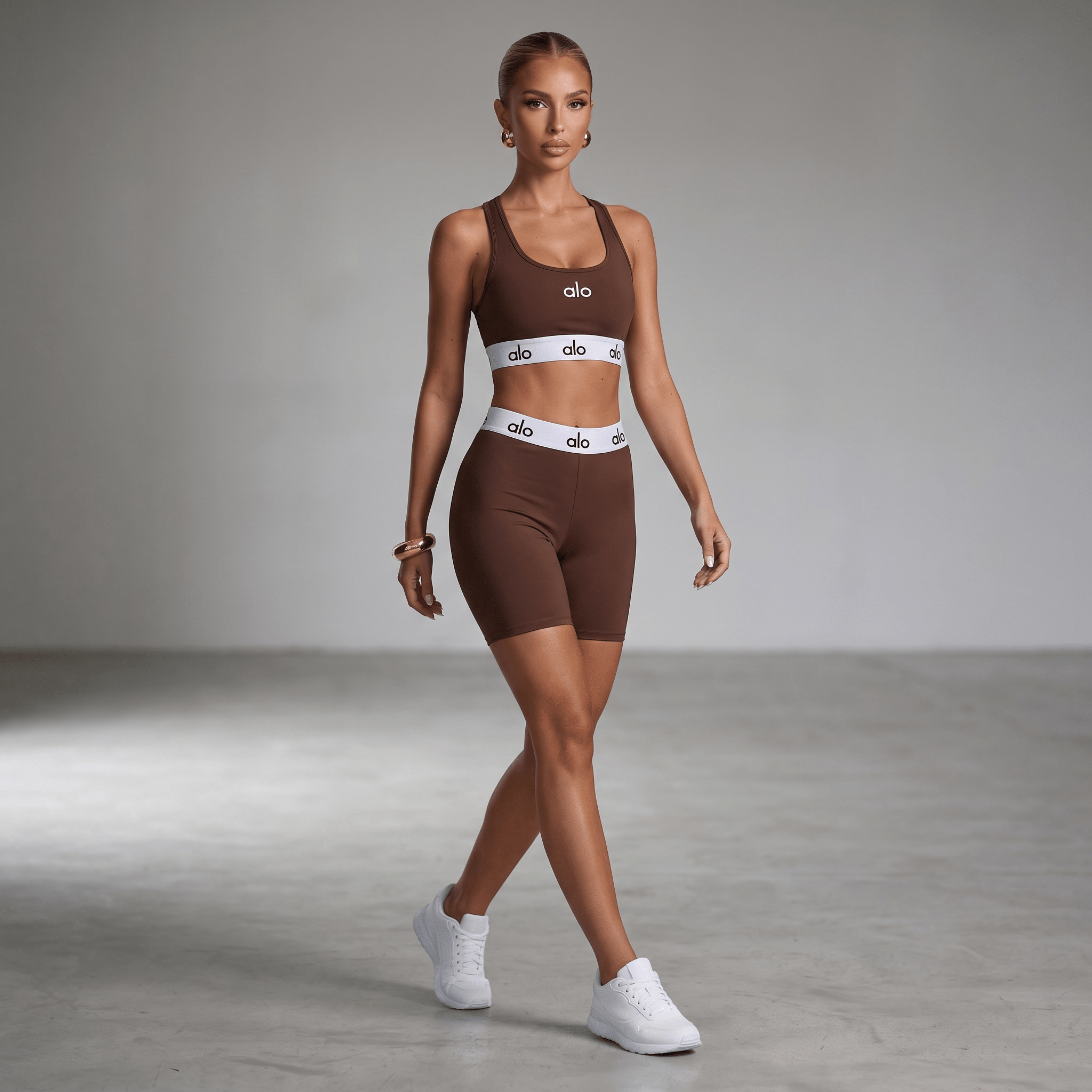 Alo Yoga Logo Sports Bra & Biker Shorts Set β Chocolate Brown β¨