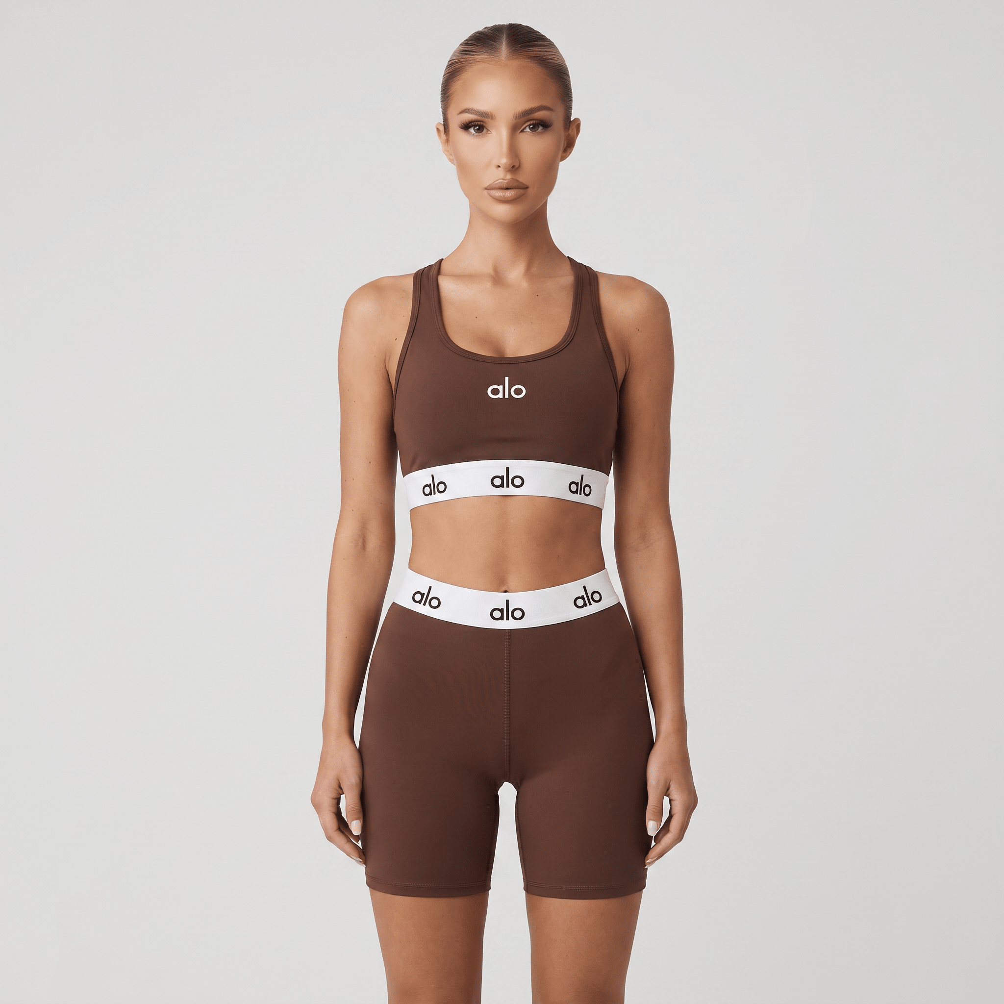 Alo Yoga Logo Sports Bra & Biker Shorts Set β Chocolate Brown β¨