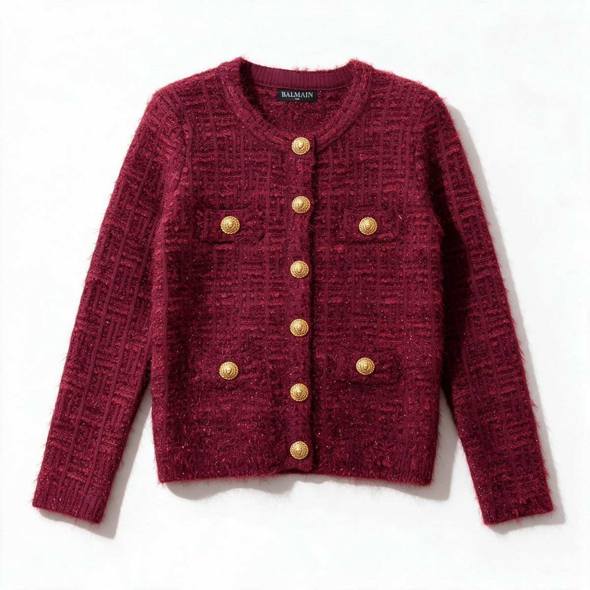 Balmain Bouclé Cardigan — Burgundy