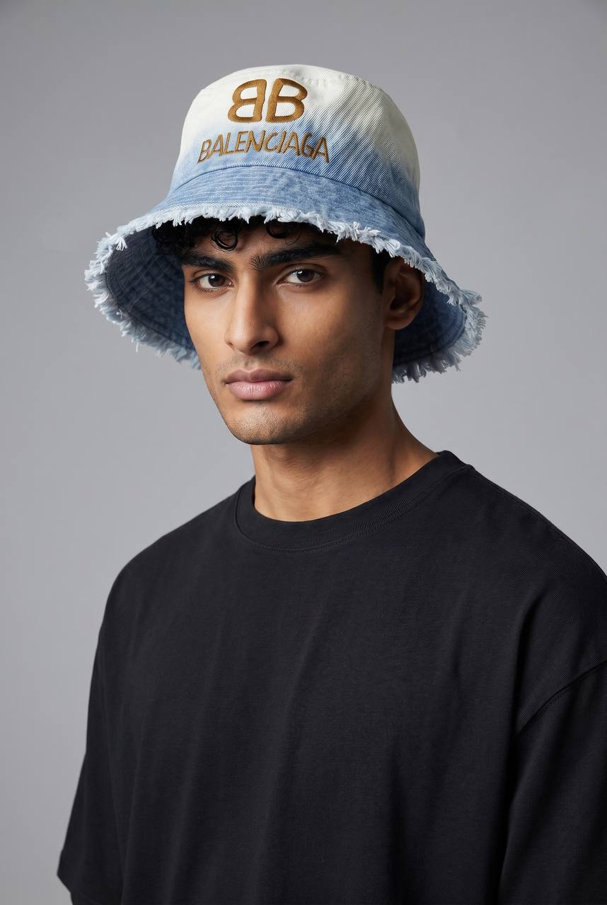 Balenciaga BB Logo Bucket Hat β Gradient Denim Frayed Edge Luxury π§’β¨