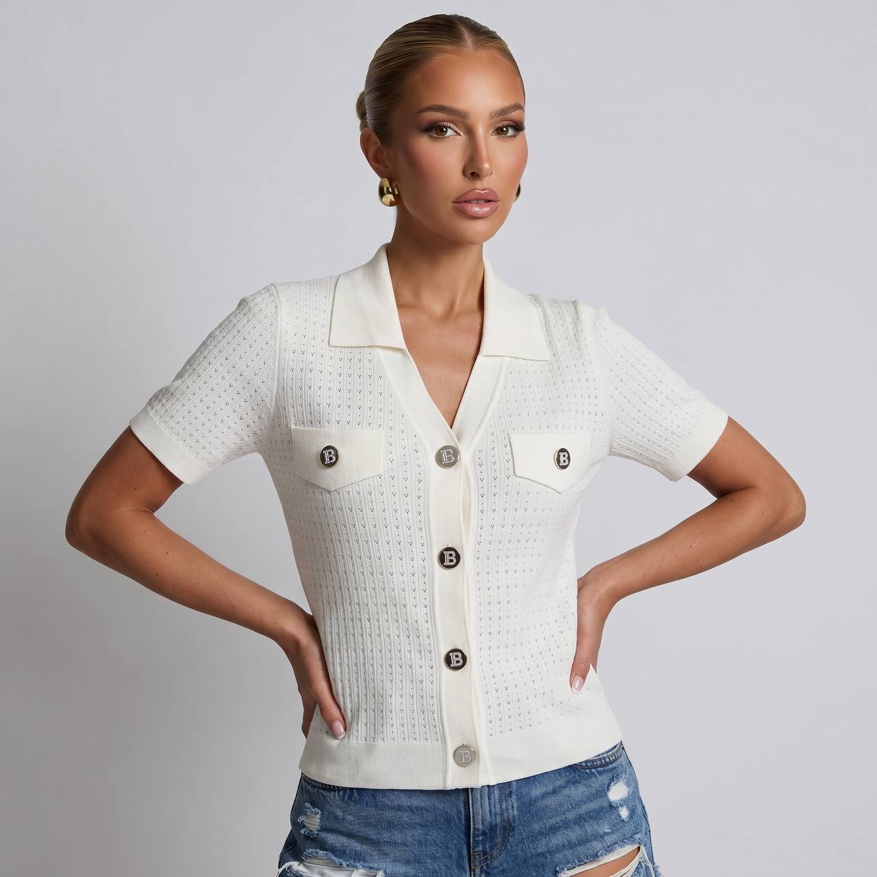 Balmain Cream Knit Short-Sleeve Cardigan with Silver Logo Buttons π€β¨