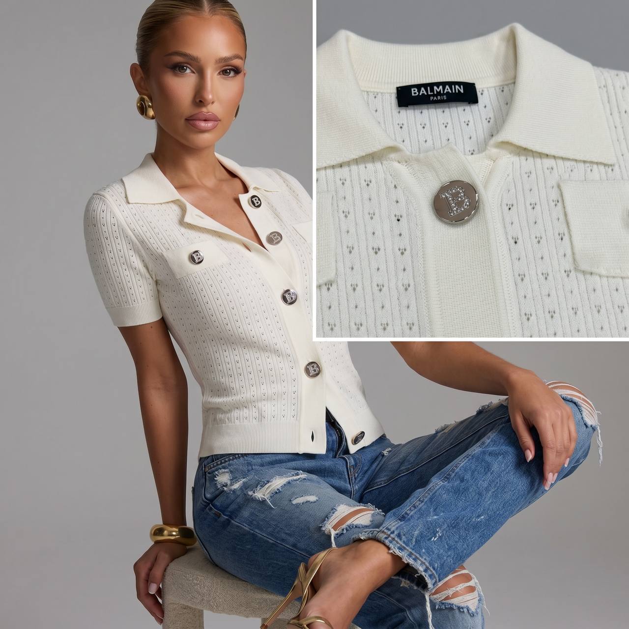Balmain Cream Knit Short-Sleeve Cardigan with Silver Logo Buttons π€β¨
