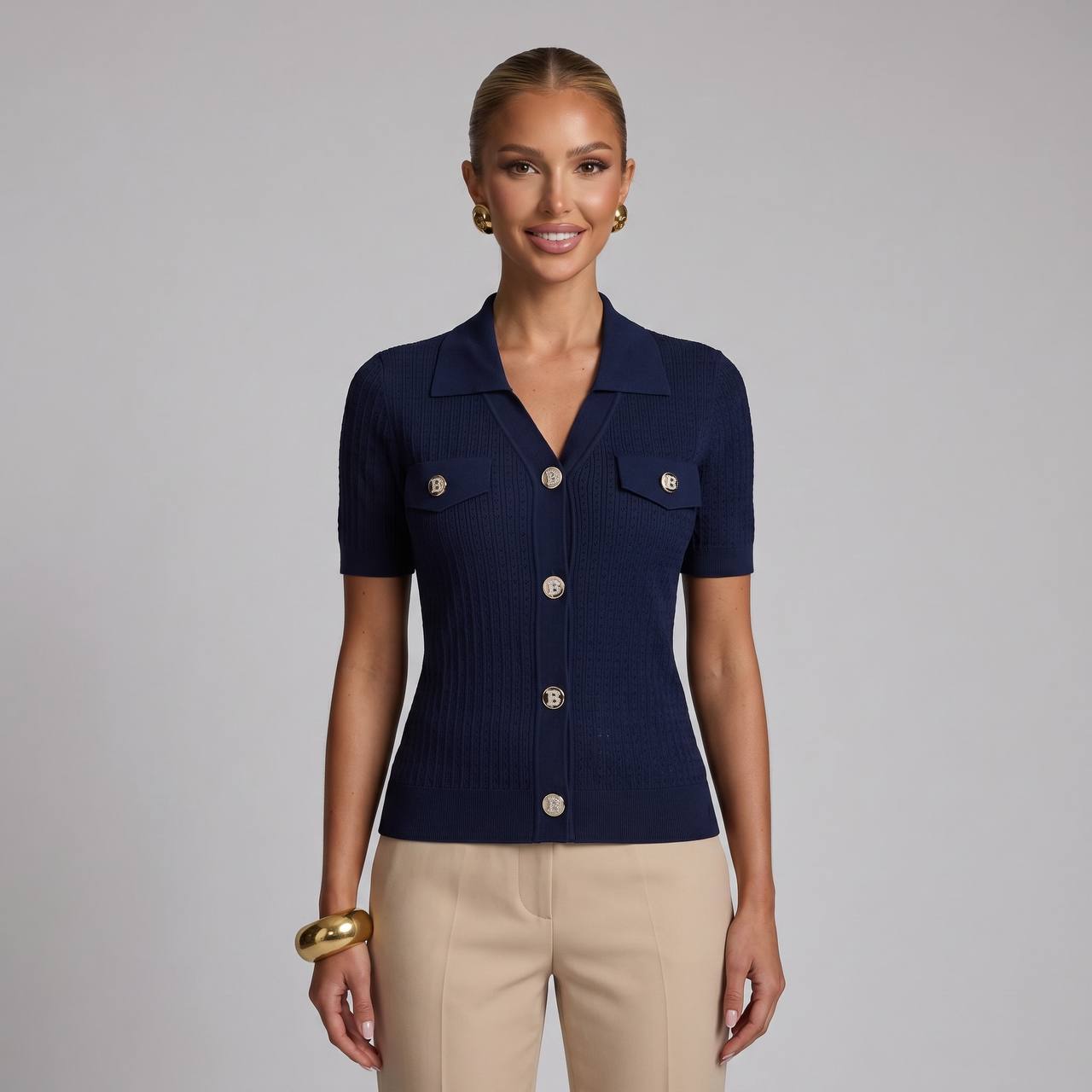 Balmain Navy Ribbed Knit Polo Shirt with Silver Buttons πβ¨