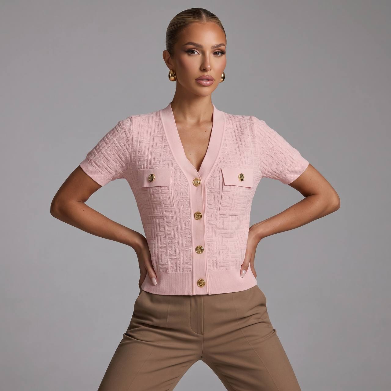 Balmain Pink Monogram Knit Cardigan Shirt with Gold Buttons πΈβ¨
