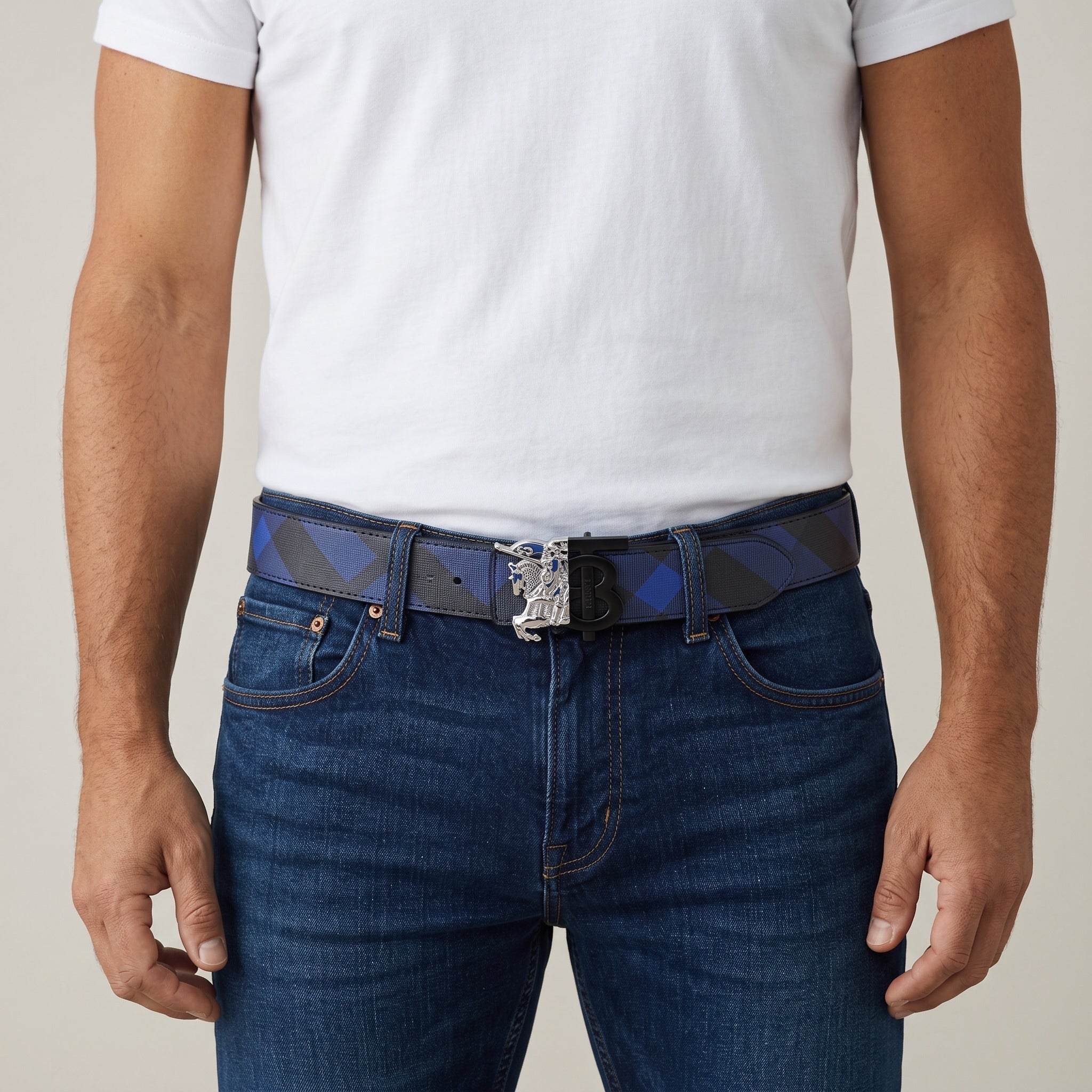 Burberry Check Belt β Blue Equestrian Buckle ππ΅