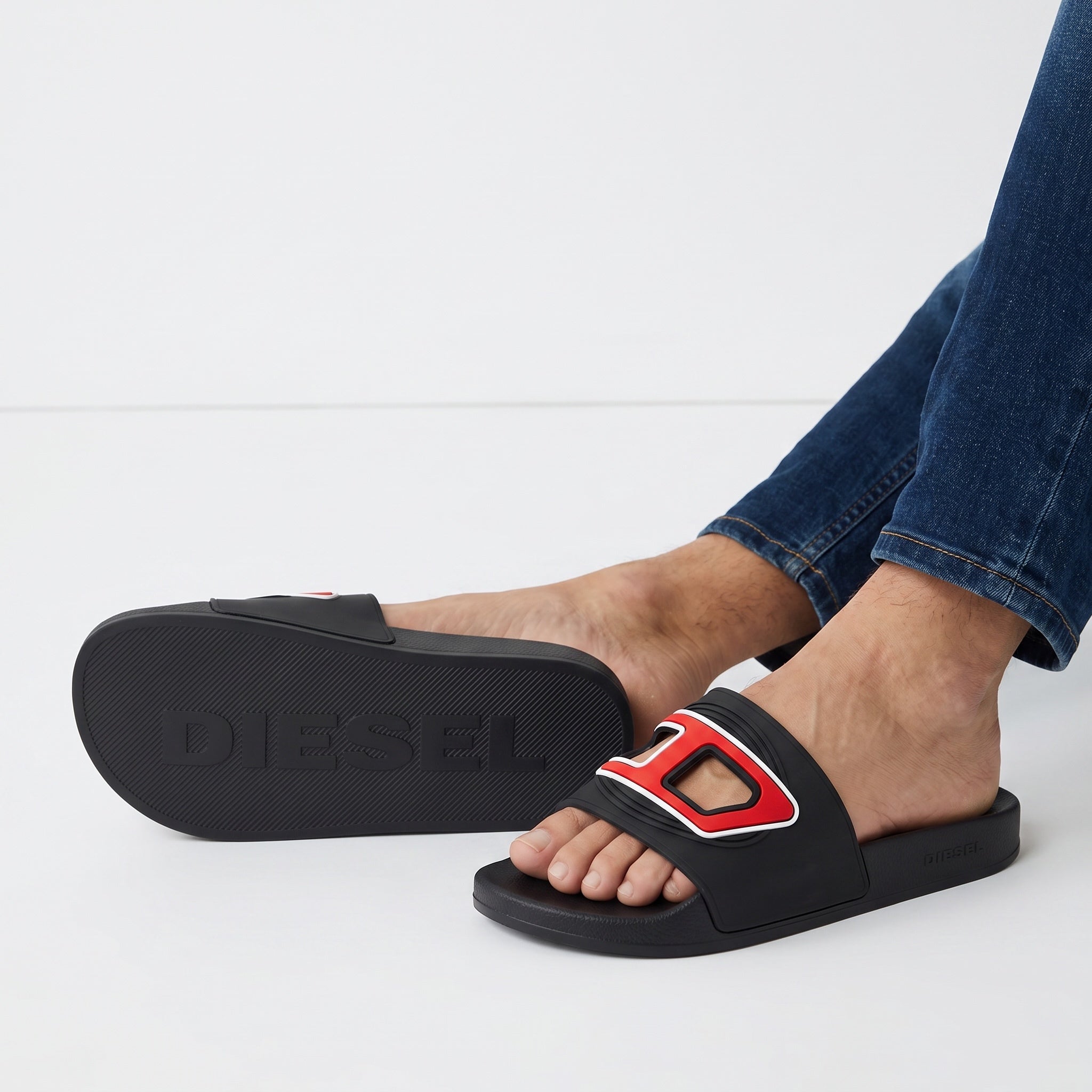 Diesel Men's Slide Sandals β Black Red Logo π€π΄