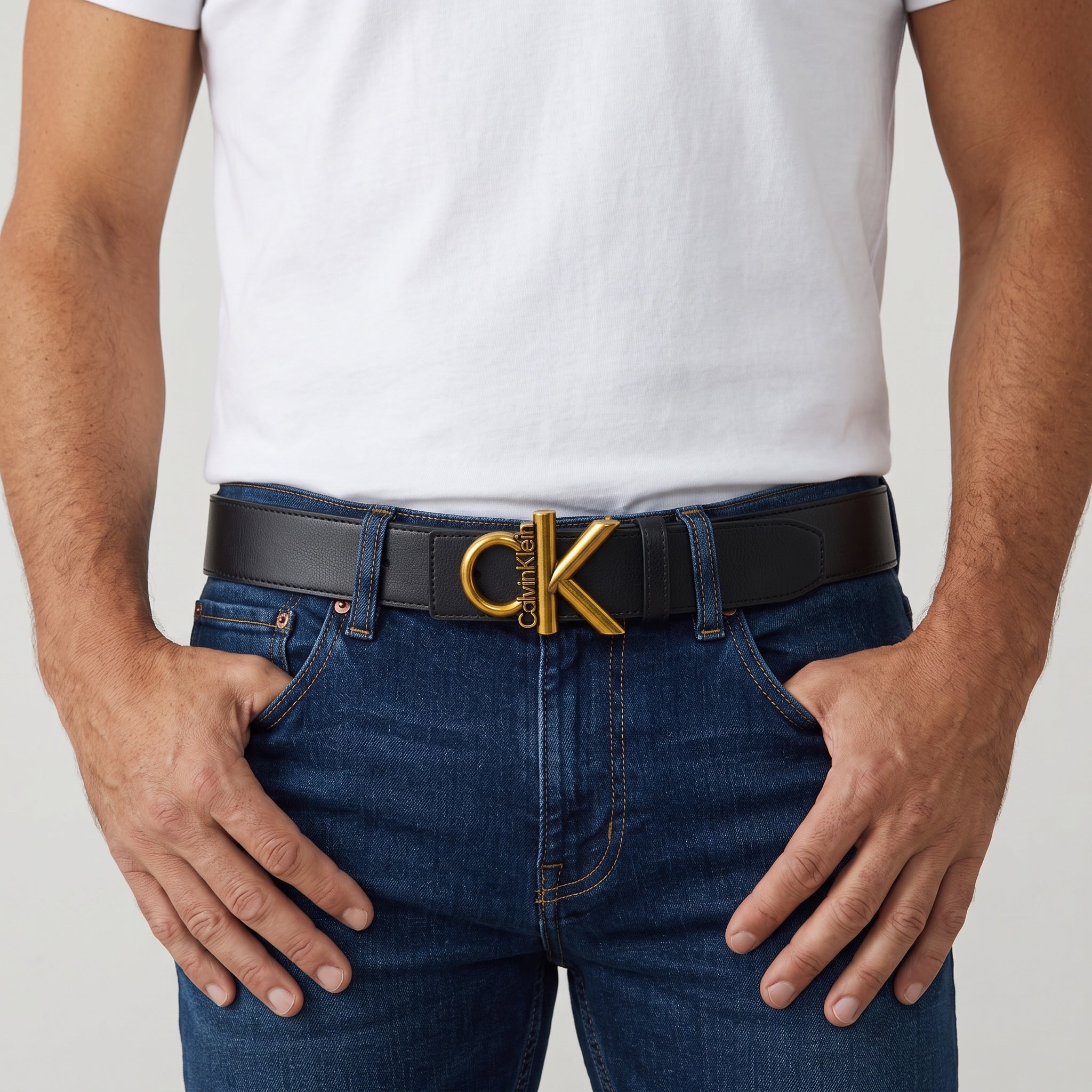 Calvin Klein Belt – Black Leather-Look Gold CK 🔶