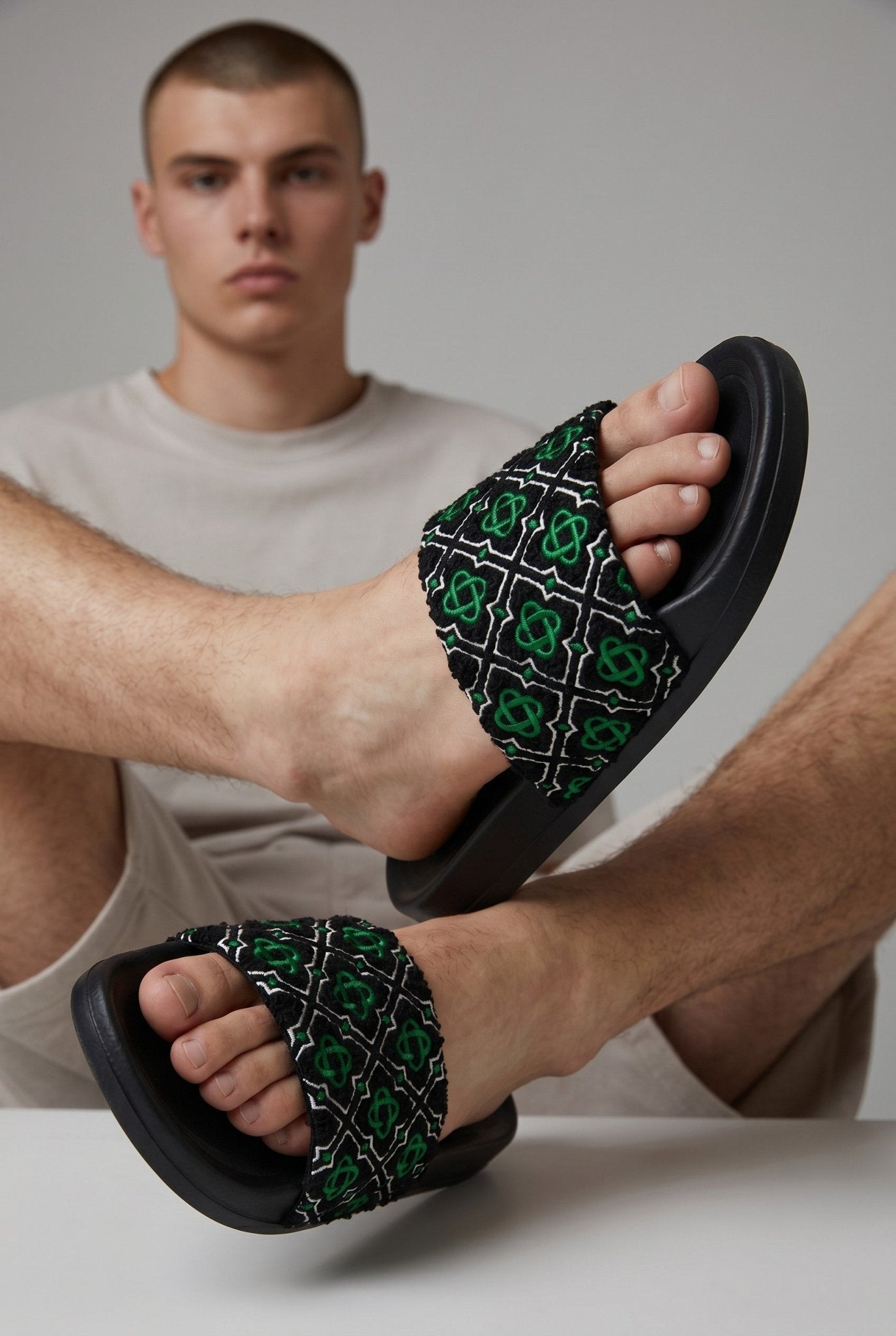 Casablanca Geometric Embroidered Terry Cloth Slides β Black & Green