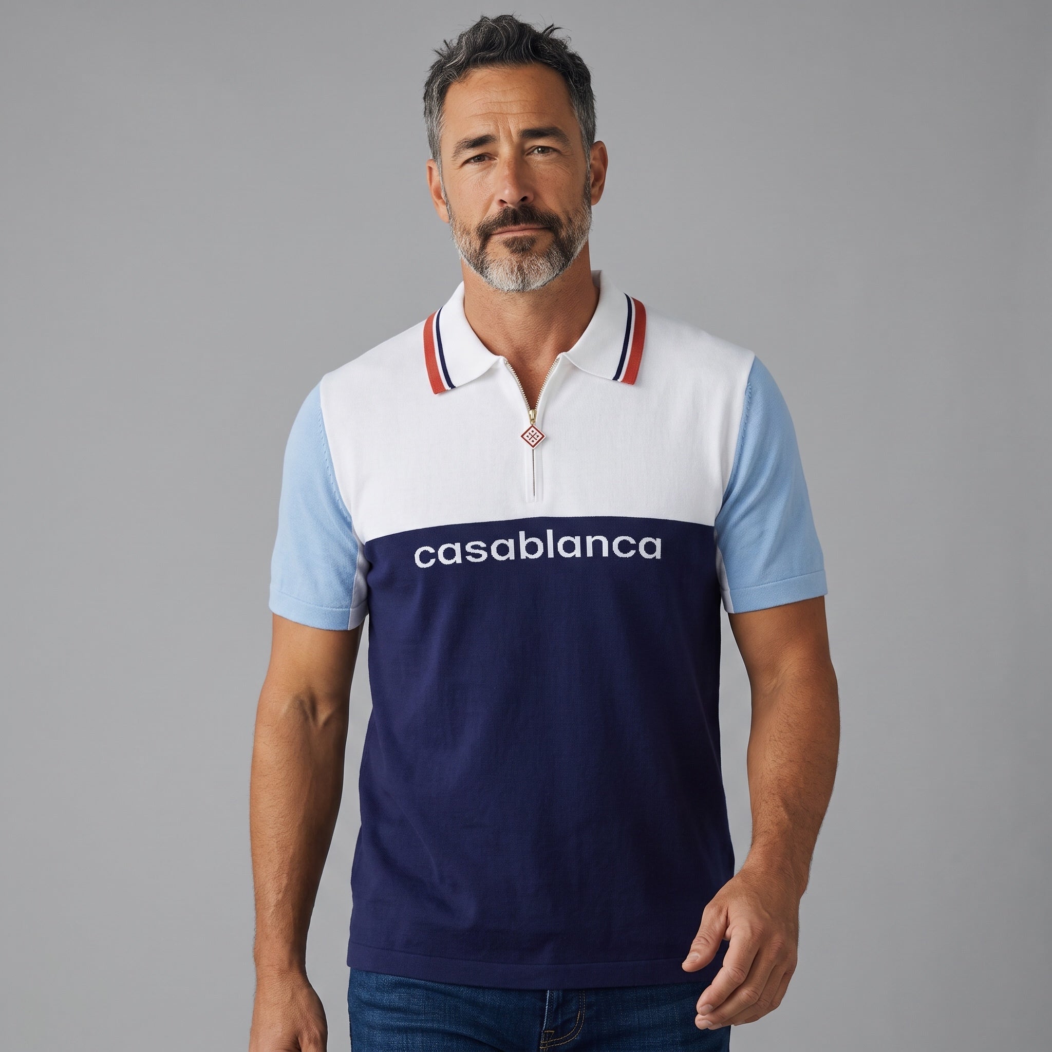 Casablanca Polo β White Navy Zip Short-Sleeve β