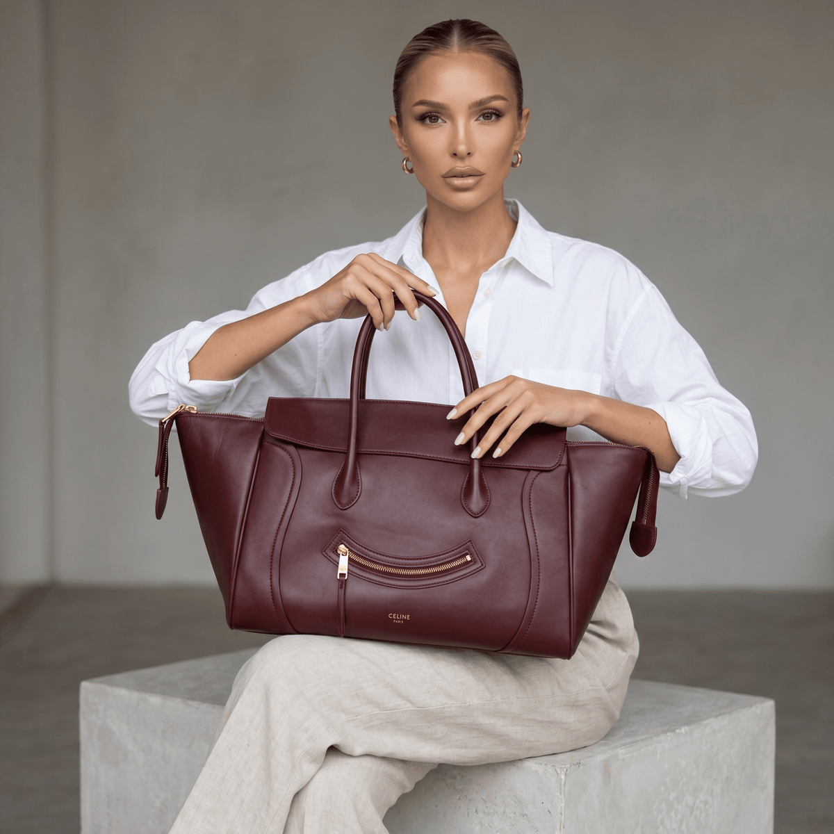 Celine Phantom Luggage Leather Tote Bag — Burgundy
