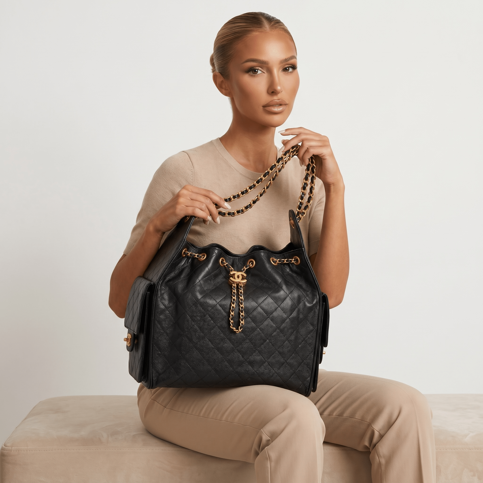π Chanel Quilted Drawstring Bucket Bag β Black Caviar Leather