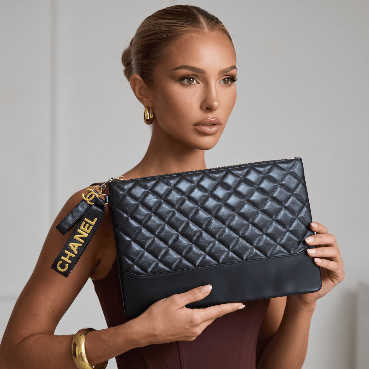 ✨ Chanel Quilted Leather Large Zip Pouch – Black