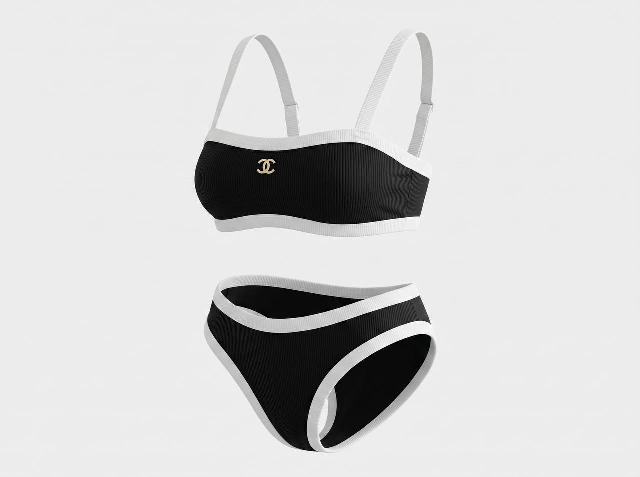 Chanel Ribbed Contrast Trim Bikini Set – Black & White