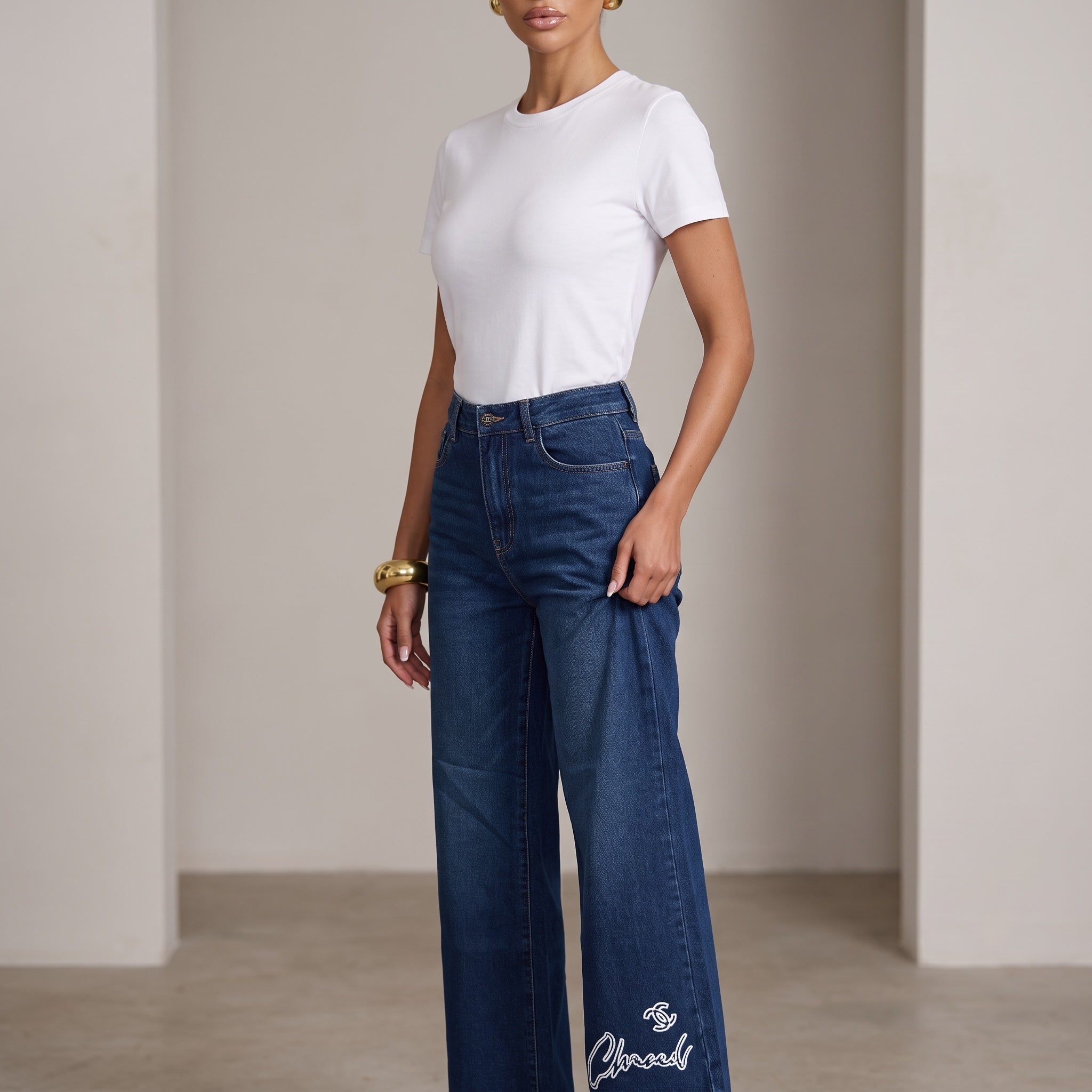 Chanel Signature Wide-Leg Denim Jeans – Blue Embroidered Logo🥥🧿