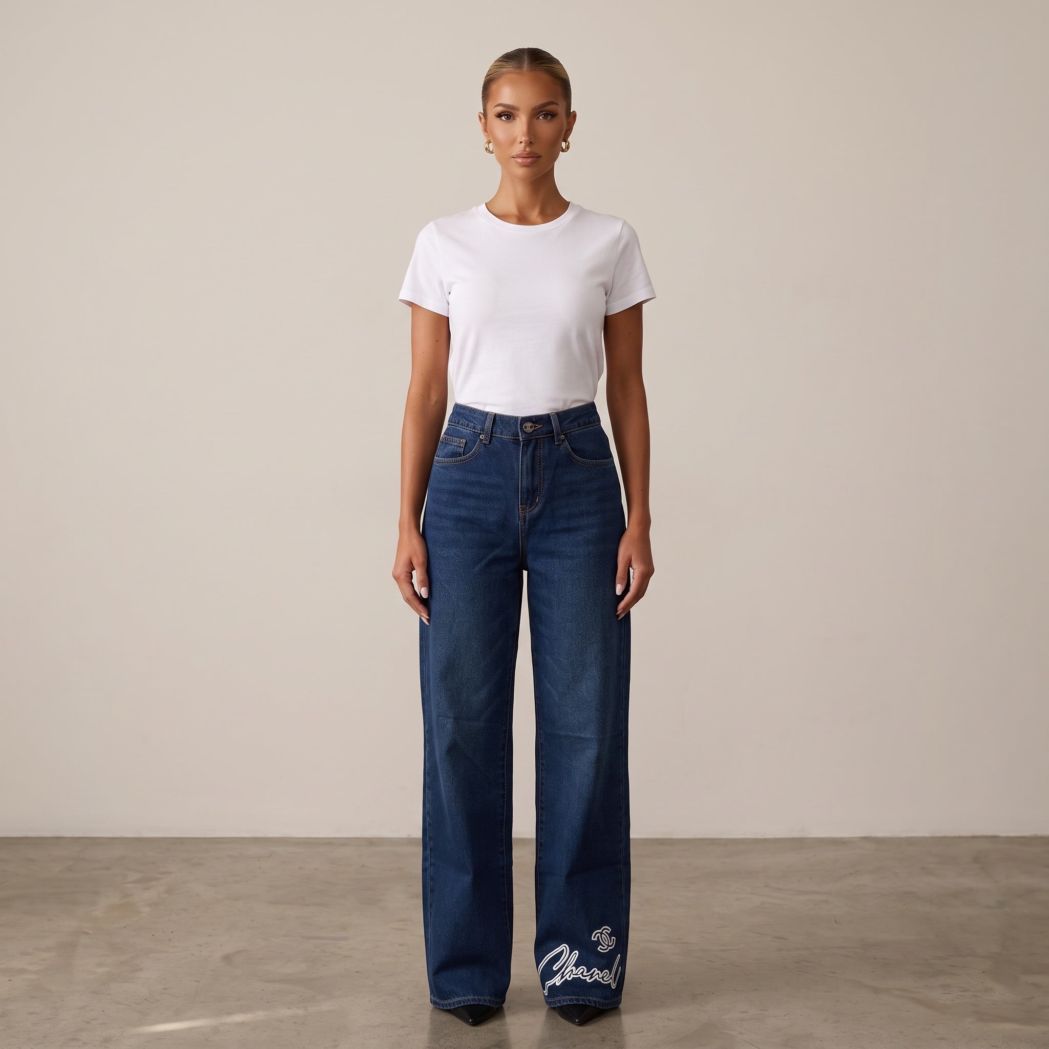 Chanel Signature Wide-Leg Denim Jeans – Blue Embroidered Logo🥥🧿