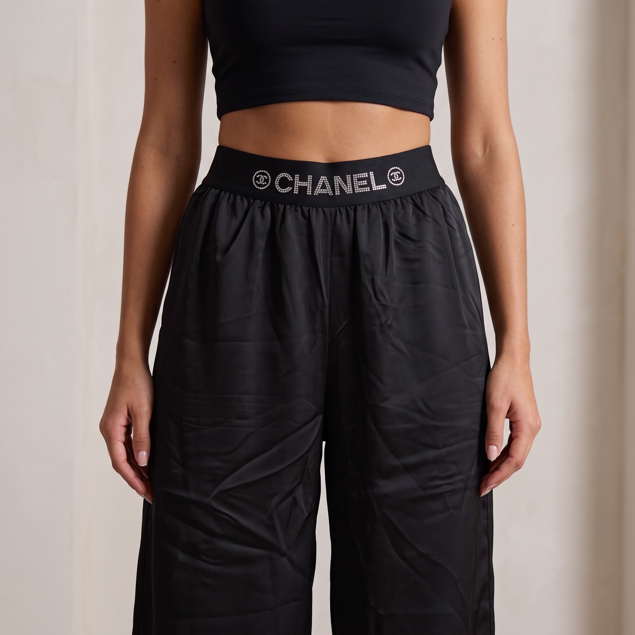 CHANEL Trousers – Black Logo Elastic Waist ✨