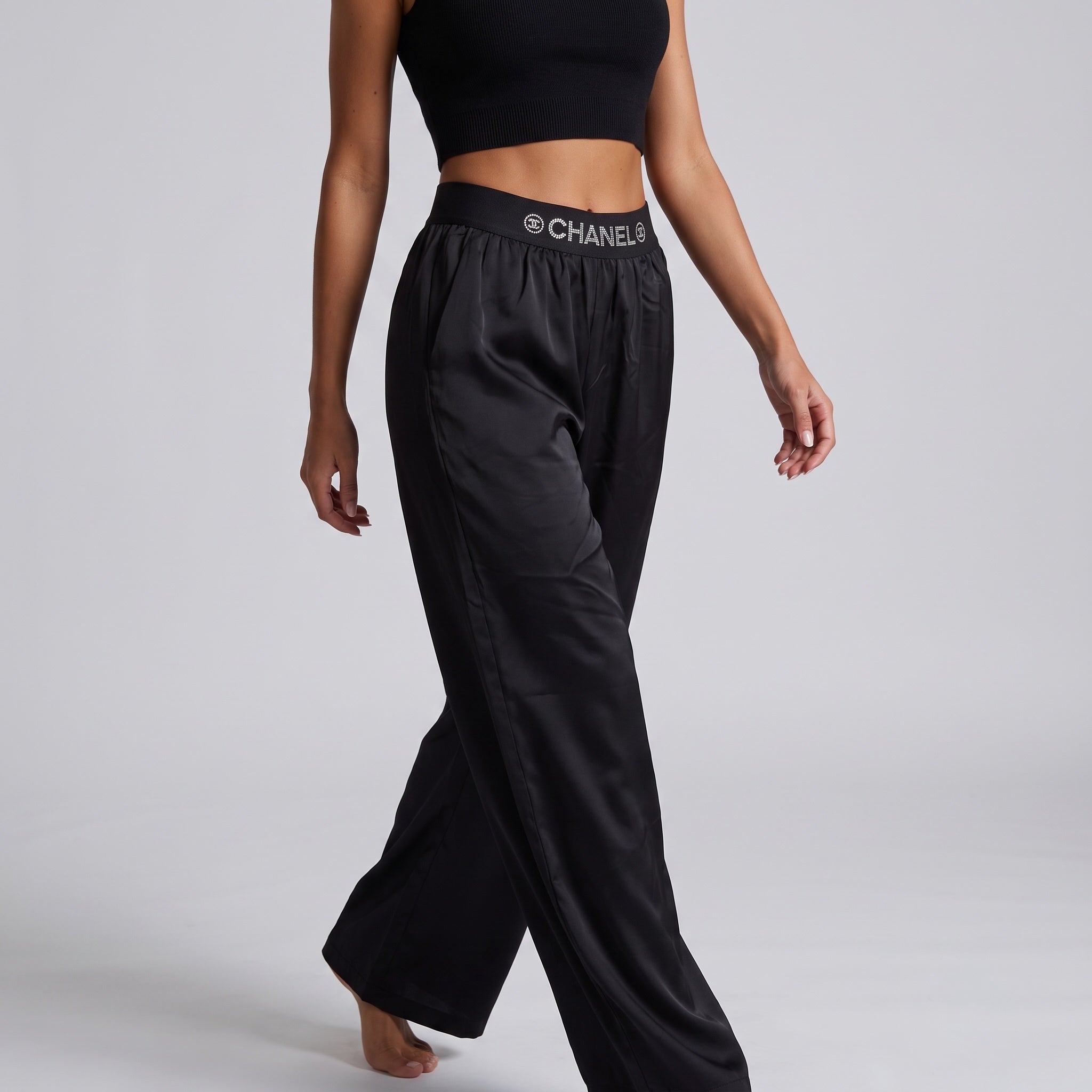 CHANEL Trousers – Black Logo Elastic Waist ✨
