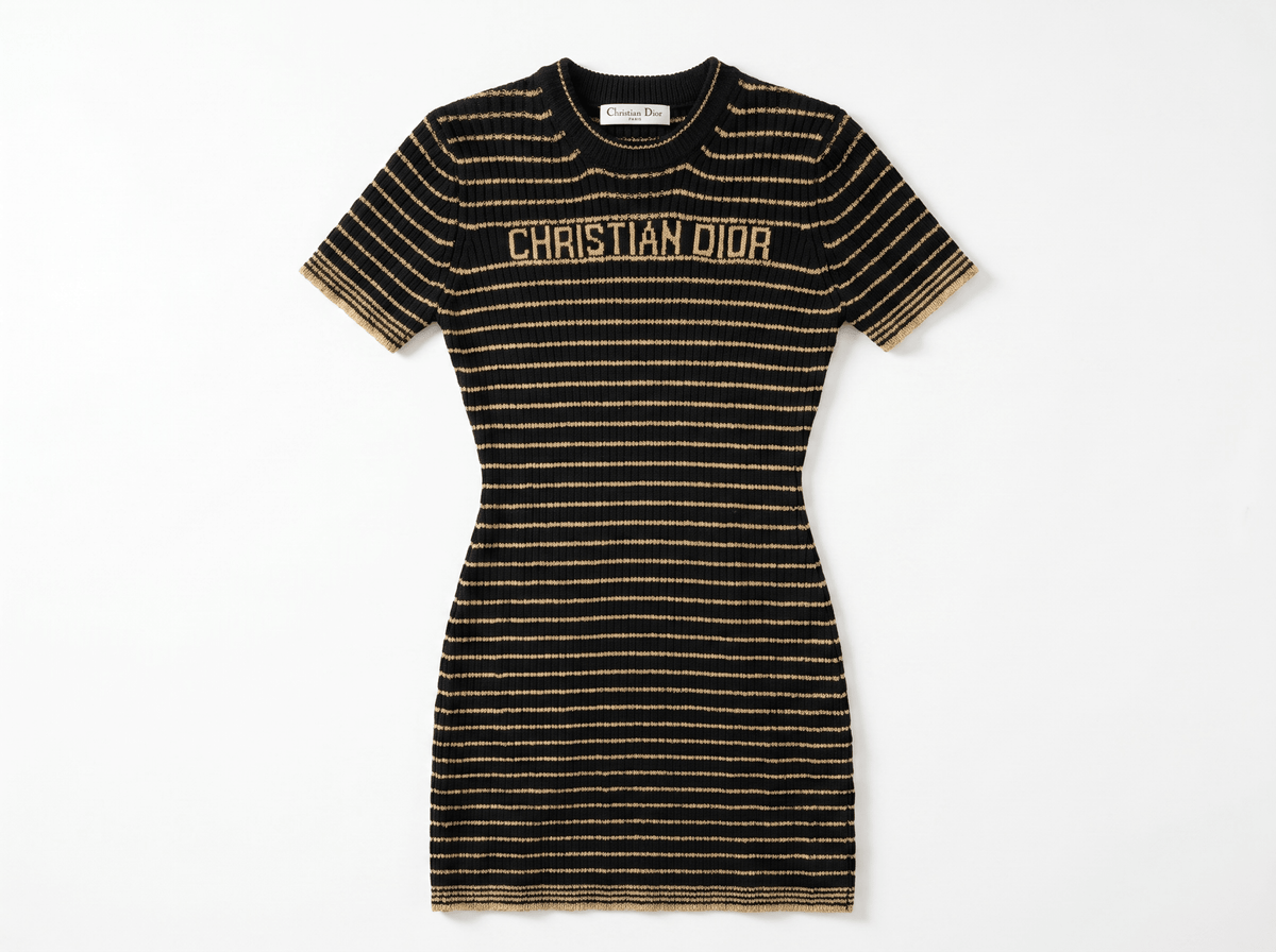 β¨ Christian Dior Black & Gold Striped Knit Mini Dress