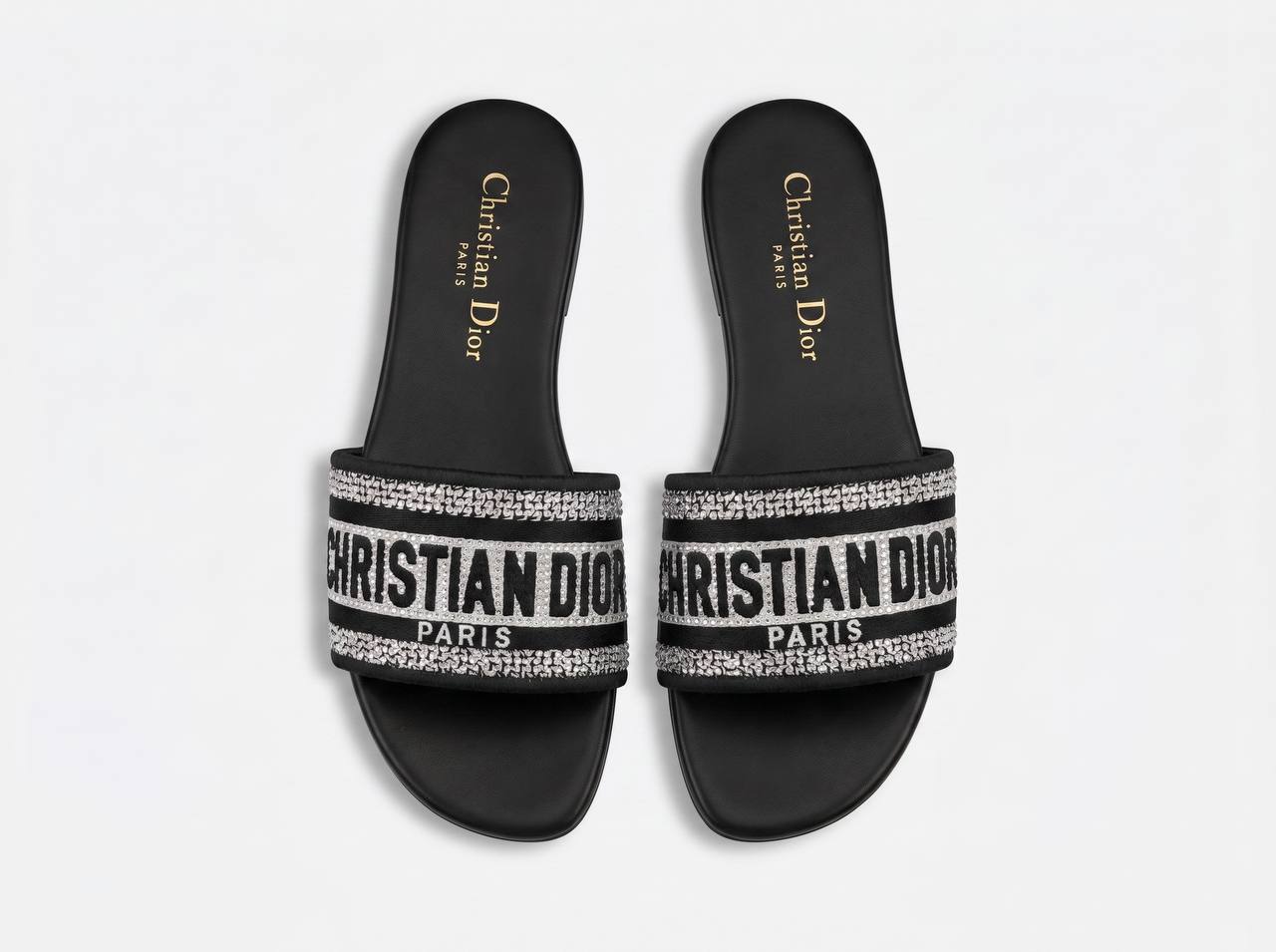 Christian Dior Dway Crystal Logo Slides β Black & Silver β¨