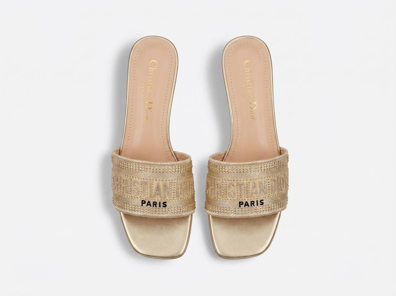 Christian Dior Dway Crystal Logo Slides – Gold ✨