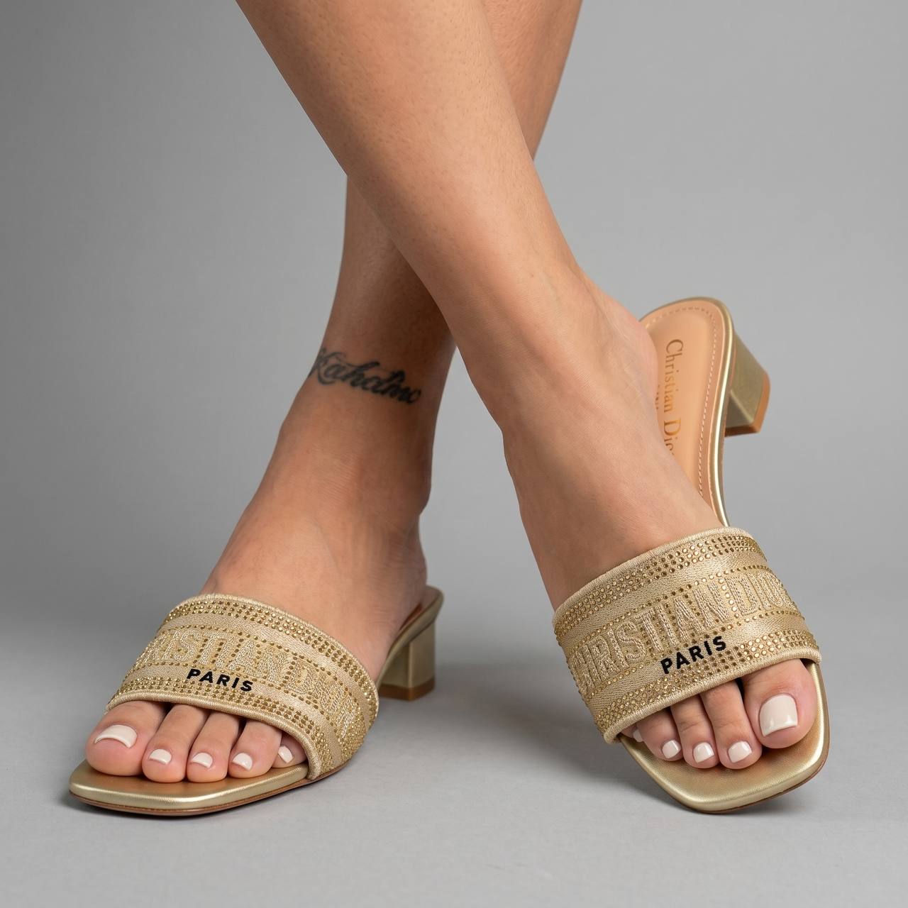 Christian Dior Dway Crystal Logo Slides β Gold β¨