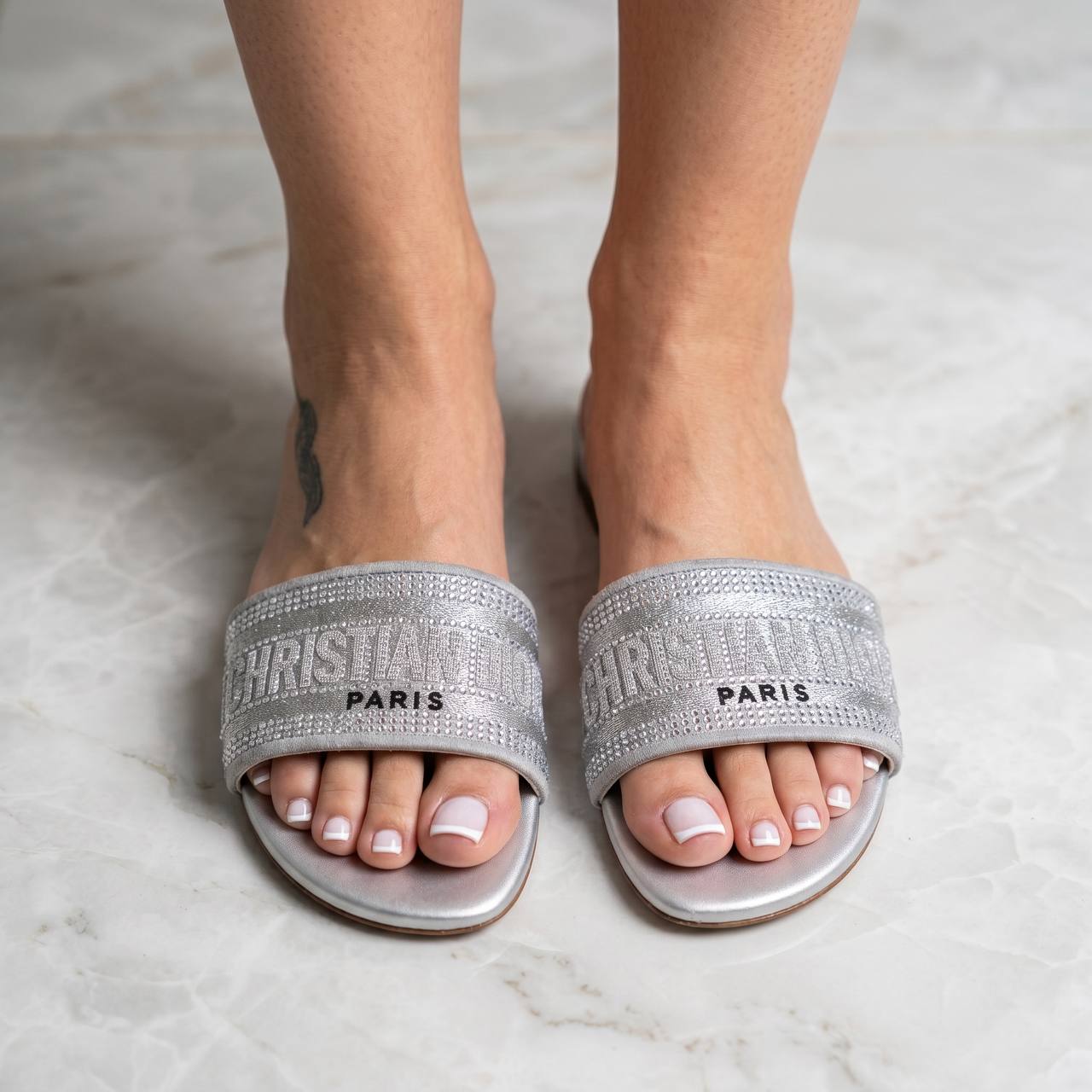Christian Dior Dway Crystal Logo Slides β Silver Beach Edition β¨