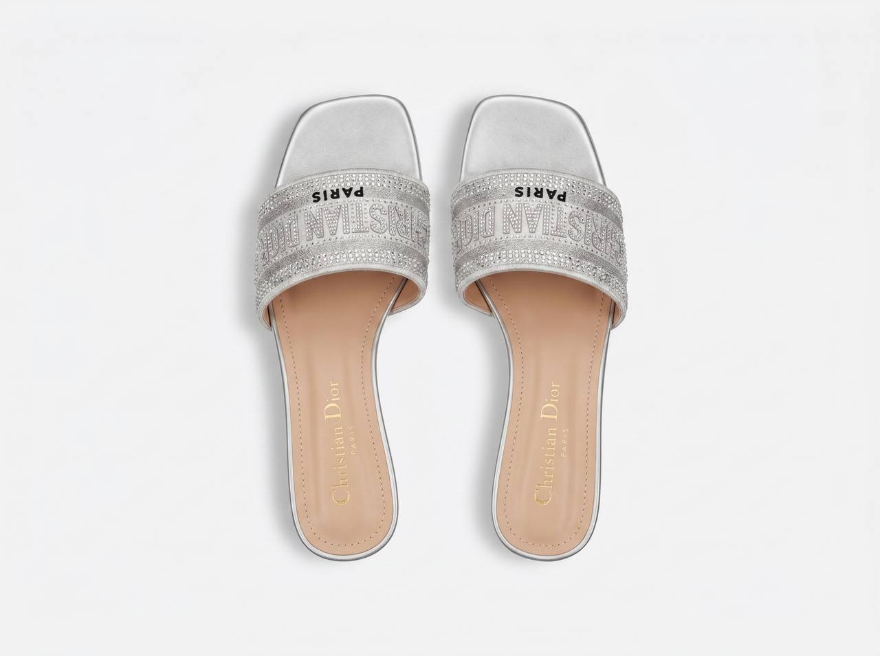 Christian Dior Dway Crystal Logo Slides – Silver ✨